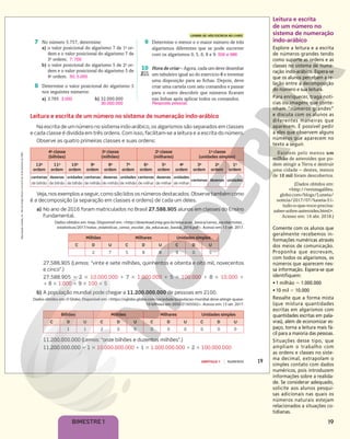 19
BIMESTRE 1
Leitura e escrita
de um número no
sistema de numeração
indo-arábico
Explore a leitura e a escrita
de números grandes tendo
como suporte as ordens e as
classes no sistema de nume-
ração indo-arábico. Espera-se
que os alunos percebam a re-
lação entre a decomposição
do número e sua leitura.
Para enriquecer, traga notí-
cias ou imagens que conte-
nham “números grandes”
e discuta com os alunos as
diferentes maneiras que
aparecem. É possível pedir
a eles que observem alguns
números que aparecem no
texto a seguir.
Existem pelo menos um
milhão de asteroides que po-
dem atingir a Terra e destruir
uma cidade – destes, menos
de 10 mil foram descobertos.
(Dados obtidos em:
<http://revistagalileu.
globo.com/blogs/Luneta/
noticia/2017/07/luneta-51-
tudo-o-que-voce-precisa-
saber-sobre-asteroides.html>.
Acesso em: 14 abr. 2018.)
Comente com os alunos que
geralmente recebemos in-
formações numéricas através
dos meios de comunicação.
Proponha que escrevam,
com todos os algarismos, os
números que aparecem nes-
sa informação. Espera-se que
identifiquem:
•1 milhão 5 1.000.000
•10 mil 5 10.000
Ressalte que a forma mista
(que mistura quantidades
escritas em algarismos com
quantidades escritas em pala-
vras), além de economizar es-
paço, torna a leitura mais fá-
cil para a maioria das pessoas.
Situações desse tipo, que
ampliam o trabalho com
as ordens e classes no siste-
ma decimal, extrapolam o
simples contato com dados
numéricos, pois introduzem
informações sobre a realida-
de. Se considerar adequado,
solicite aos alunos pesqui-
sas adicionais nas quais os
números naturais estejam
relacionados a situações co-
tidianas.
Reprodução
proibida.
Art.
184
do
Código
Penal
e
Lei
9.610
de
19
de
fevereiro
de
1998.
19
CAPÍTULO 1 NÚMEROS
7 No número 5.757, determine:
a) o valor posicional do algarismo 7 de 1a
or-
dem e o valor posicional do algarismo 7 de
3a
ordem; 7; 700
b) o valor posicional do algarismo 5 de 2a
or-
dem e o valor posicional do algarismo 5 de
4a
ordem. 50; 5.000
8 Determine o valor posicional do algarismo 3
nos seguintes números:
a) 3.765 3.000 b) 32.000.000
30.000.000
9 Determine o menor e o maior número de três
algarismos diferentes que se pode escrever
com os algarismos 0, 5, 6, 8 e 9. 506 e 986
10 Hora de criar – Agora, cada um deve desenhar
um tabuleiro igual ao do exercício 6 e inventar
uma disposição para as fichas. Depois, deve
criar uma cartela com seis comandos e passar
para o outro descobrir que números ficaram
nas linhas após aplicar todos os comandos.
Resposta pessoal.
Leitura e escrita de um número no sistema de numeração indo-arábico
Na escrita de um número no sistema indo-arábico, os algarismos são separados em classes
e cada classe é dividida em três ordens. Com isso, facilitam-se a leitura e a escrita do número.
Observe as quatro primeiras classes e suas ordens:
Veja, nos exemplos a seguir, como são lidos os números destacados. Observe também como
é a decomposição (a separação em classes e ordens) de cada um deles.
a) No ano de 2016 foram matriculados no Brasil 27.588.905 alunos em classes do Ensino
Fundamental.
Dados obtidos em: Inep. Disponível em: <http://download.inep.gov.br/educacao_basica/censo_escolar/notas_
estatisticas/2017/notas_estatisticas_censo_escolar_da_educacao_basica_2016.pdf>. Acesso em: 13 set. 2017.
27.588.905 (Lemos: “vinte e sete milhões, quinhentos e oitenta e oito mil, novecentos
e cinco”.)
27.588.905 5 2 3 10.000.000 1 7 3 1.000.000 1 5 3 100.000 1 8 3 10.000 1
1 8 3 1.000 1 9 3 100 1 5
b) A população mundial pode chegar a 11.200.000.000 de pessoas em 2100.
Dados obtidos em: O Globo. Disponível em: <https://oglobo.globo.com/sociedade/populacao-mundial-deve-atingir-quase-
10-bilhoes-em-2050-21503502>. Acesso em: 13 set. 2017.
11.200.000.000 (Lemos: “onze bilhões e duzentos milhões”.)
11.200.000.000 5 1 3 10.000.000.000 1 1 3 1.000.000.000 1 2 3 100.000.000
4a
classe
(bilhões)
3a
classe
(milhões)
2a
classe
(milhares)
1a
classe
(unidades simples)
12a
ordem
11a
ordem
10a
ordem
9a
ordem
8a
ordem
7a
ordem
6a
ordem
5a
ordem
4a
ordem
3a
ordem
2a
ordem
1a
ordem
centenas
de bilhão
dezenas
de bilhão
unidades
de bilhão
centenas
de milhão
dezenas
de milhão
unidades
de milhão
centenas
de milhar
dezenas
de milhar
unidades
de milhar
centenas dezenas unidades
Bilhões Milhões Milhares Unidades simples
C D U C D U C D U C D U
1 1 2 0 0 0 0 0 0 0 0
Milhões Milhares Unidades simples
C D U C D U C D U
2 7 5 8 8 9 0 5
LEMBRE-SE: NÃO ESCREVA NO LIVRO!
 