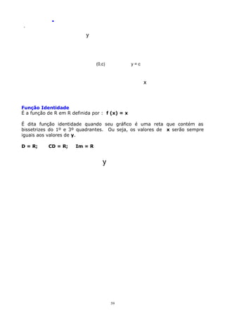 .
.

y

(0,c)

y=c

x

Função Identidade
É a função de R em R definida por : f (x) = x
É dita função identidade quando seu gráfico é uma reta que contém as
bissetrizes do 1º e 3º quadrantes. Ou seja, os valores de x serão sempre
iguais aos valores de y.
D = R;

CD = R;

Im = R

y

59

 