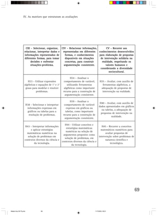 IV. As matrizes que estruturam as avaliações




                    CIII - Selecionar, organizar, CIV - Relacionar informações,       CV - Recorrer aos
                   relacionar, interpretar dados e representadas em diferentes  conhecimentos desenvolvidos
                   informações representados de      formas, e conhecimentos    para elaboração de propostas
                   diferentes formas, para tomar     disponíveis em situações    de intervenção solidária na
                         decisões e enfrentar        concretas, para construir    realidade, respeitando os
                         situações-problema.        argumentação consistente.        valores humanos e
                                                                                 considerando a diversidade
                                                                                        sociocultural.

                                                                H34 - Analisar o
                      H33 - Utilizar expressões          comportamento de variável,           H35 - Avaliar, com auxílio de
                   algébricas e equações de 1° e 2°          utilizando ferramentas             ferramentas algébricas, a
                    graus para modelar e resolver         algébricas como importante           adequação de propostas de
                              problemas.                 recurso para a construção de           intervenção na realidade.
                                                           argumentação consistente.

                                                               H39 - Analisar o
                                                                                              H40 - Avaliar, com auxílio de
                       H38 - Selecionar e interpretar     comportamento de variável
                                                                                             dados apresentados em gráficos
                        informações expressas em            expresso em gráficos ou
                                                                                                ou tabelas, a adequação de
                        gráficos ou tabelas para a         tabelas, como importante
                                                                                               propostas de intervenção na
                         resolução de problemas.         recurso para a construção de
                                                                                                        realidade.
                                                          argumentação consistente.

                                                          H44 - Utilizar conceitos e
                    H43 - Interpretar informações                                          H45 - Recorrer a conceitos
                                                           estratégias matemáticas
                         e aplicar estratégias                                            matemáticos numéricos para
                                                           numéricas na seleção de
                     matemáticas numéricas na                                                 avaliar propostas de
                                                         argumentos propostos como
                      solução de problemas em                                           intervenção sobre problemas de
                                                          solução de problemas, em
                   contextos diversos da ciência e                                            natureza científica e
                                                        contextos diversos da ciência e
                            da tecnologia.                                                        tecnológica.
                                                                da tecnologia.




                                                                                                                              69



Matem∙tica 39-75.pmd                 69                                                 11/7/2003, 09:21
 