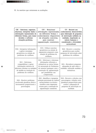 IV. As matrizes que estruturam as avaliações




                    CIII - Selecionar, organizar,       CIV - Relacionar           CV - Recorrer aos
                   relacionar, interpretar dados e informações representadas conhecimentos desenvolvidos
                   informações representados de      em diferentes formas e  para elaboração de propostas
                   diferentes formas, para tomar conhecimentos disponíveis de intervenção solidária na
                         decisões e enfrentar        em situações concretas,   realidade, respeitando os
                         situações-problema.             para construir           valores humanos e
                                                   argumentação consistente.  considerando a diversidade
                                                                                     sociocultural.

                                                           H19 - Utilizar conceitos
                       H18 - Interpretar informações                                         H20 - Recorrer a conceitos
                                                         geométricos na seleção de
                           e aplicar estratégias                                              geométricos para avaliar
                                                        argumentos propostos como
                        geométricas na solução de                                          propostas de intervenção sobre
                                                          solução de problemas do
                         problemas do cotidiano.                                              problemas do cotidiano.
                                                                 cotidiano.

                                                       H24 - Selecionar e relacionar
                           H23 - Selecionar,             informações referentes a
                        compatibilizar e operar        estimativas ou outras formas          H25 - Reconhecer propostas
                       informações métricas de         de mensuração de fenômenos            adequadas de ação sobre a
                   diferentes sistemas ou unidades     de natureza quaisquer com a         realidade, utilizando medidas e
                      de medida na resolução de        construção de argumentação                    estimativas.
                       problemas do cotidiano.             que possibilitem sua
                                                              compreensão.

                                                        H29 - Identificar e interpretar     H30 - Recorrer a cálculos com
                     H28 - Resolver problemas          variações percentuais de variável    porcentagem e relações entre
                   envolvendo grandezas direta e         socioeconômica ou técnico-         grandezas proporcionais para
                   inversamente proporcionais e           científica como importante           avaliar a adequação de
                           porcentagem.                  recurso para a construção de        propostas de intervenção na
                                                          argumentação consistente.                   realidade.




                                                                                                                             73



Matem∙tica 39-75.pmd                73                                                11/7/2003, 09:21
 