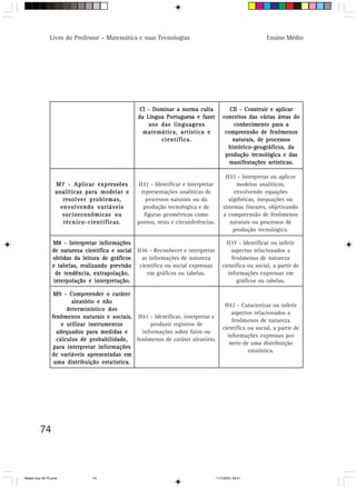 Livro do Professor – Matemática e suas Tecnologias                                          Ensino Médio




                                                  CI - Dominar a norma culta               CII - Construir e aplicar
                                                 da Língua Portuguesa e fazer           conceitos das várias áreas do
                                                     uso das linguagens                     conhecimento para a
                                                   matemática, artística e               compreensão de fenômenos
                                                         científica.                        naturais, de processos
                                                                                          histórico-geográficos, da
                                                                                         produção tecnológica e das
                                                                                           manifestações artísticas.

                                                                                         H32 - Interpretar ou aplicar
                  M7 - Aplicar expressões        H31 - Identificar e interpretar              modelos analíticos,
                  analíticas para modelar e       representações analíticas de               envolvendo equações
                     resolver problemas,            processos naturais ou da               algébricas, inequações ou
                    envolvendo variáveis           produção tecnológica e de            sistemas lineares, objetivando
                     socioeconômicas ou            figuras geométricas como             a compreensão de fenômenos
                     técnico-científicas.        pontos, retas e circunferências.          naturais ou processos de
                                                                                             produção tecnológica.

                 M8 - Interpretar informações                                             H37 - Identificar ou inferir
                 de natureza científica e social H36 - Reconhecer e interpretar             aspectos relacionados a
                 obtidas da leitura de gráficos   as informações de natureza                fenômenos de natureza
                 e tabelas, realizando previsão científica ou social expressas          científica ou social, a partir de
                  de tendência, extrapolação,       em gráficos ou tabelas.               informações expressas em
                 interpolação e interpretação.                                                gráficos ou tabelas.

                 M9 - Compreender o caráter
                        aleatório e não
                                                                                         H42 - Caracterizar ou inferir
                      determinístico dos
                                                                                            aspectos relacionados a
                fenômenos naturais e sociais, H41 - Identificar, interpretar e
                                                                                            fenômenos de natureza
                    e utilizar instrumentos         produzir registros de
                                                                                        científica ou social, a partir de
                  adequados para medidas e       informações sobre fatos ou
                                                                                          informações expressas por
                  cálculos de probabilidade,   fenômenos de caráter aleatório.
                                                                                           meio de uma distribuição
                 para interpretar informações
                                                                                                   estatística.
                de variáveis apresentadas em
                 uma distribuição estatística.




         74



Matem∙tica 39-75.pmd            74                                                  11/7/2003, 09:21
 