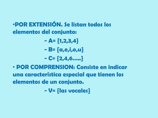 •POR EXTENSIÓN. Se listan todos los
elementos del conjunto:
           - A= {1,2,3,4}
           - B= {a,e,i,o,u}
           - C= {2,4,6…..}
• POR COMPRENSION: Consiste en indicar
una característica especial que tienen los
elementos de un conjunto.
           - V= {las vocales}
 