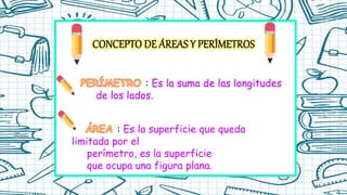 : Es la suma de las longitudes
de los lados.
: Es la superficie que queda
limitada por el
perímetro, es la superficie
que ocupa una figura plana.