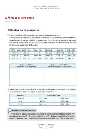 Plan de continuidad pedagógica
4C ESC 6 FELIPE BOERO DE20
3
MARTES 15 DE SEPTIEMBRE.
MATEMATICA
 