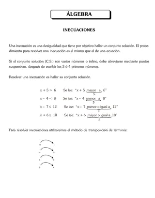 INECUACIONES
Una inecuación es una desigualdad que tiene por objetivo hallar un conjunto solución. El proce-
dimiento para resolver una inecuación es el mismo que el de una ecuación.
Si el conjunto solución (C.S.) son varios números o infino, debe abreviarse mediante puntos
suspensivos, después de escribir los 3 ó 4 primeros números.
Resolver una inecuación es hallar su conjunto solución.
x x+ 5 > 6 Se lee: “ + 5 mayor a 6”
x x
x x
x x
– 4 < 8 Se lee: “ – 4 menor a 8”
– 7 12 Se lee: “ – 7 menor o igual a 12”
+ 6 10 Se lee: “ + 6 mayor o igual a 10”


>


>
Para resolver inecuaciones utilizaremos el método de transposición de términos:
+ –
– +
 
 
ÁLGEBRA
 