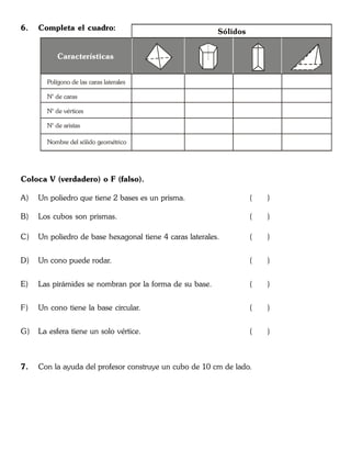 6. Completa el cuadro:
Coloca V (verdadero) o F (falso).
A) Un poliedro que tiene 2 bases es un prisma. ( )
B) Los cubos son prismas. ( )
C) Un poliedro de base hexagonal tiene 4 caras laterales. ( )
D) Un cono puede rodar. ( )
E) Las pirámides se nombran por la forma de su base. ( )
F) Un cono tiene la base circular. ( )
G) La esfera tiene un solo vértice. ( )
7. Con la ayuda del profesor construye un cubo de 10 cm de lado.
Sólidos
Polígono de las caras laterales
N° de caras
N° de vértices
N° de aristas
Nombre del sólido geométrico
Características
 
