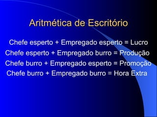 Aritmética de Escritório Chefe esperto + Empregado esperto = Lucro Chefe esperto + Empregado burro = Produção Chefe burro + Empregado esperto = Promoção Chefe burro + Empregado burro = Hora Extra 