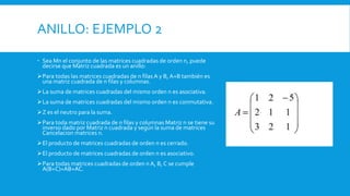 ANILLO: EJEMPLO 2
 Sea Mn el conjunto de las matrices cuadradas de orden n, puede
decirse que Matriz cuadrada es un anillo:
Para todas las matrices cuadradas de n filas A y B, A+B también es
una matriz cuadrada de n filas y columnas.
La suma de matrices cuadradas del mismo orden n es asociativa.
La suma de matrices cuadradas del mismo orden n es conmutativa.
Z es el neutro para la suma.
Para toda matriz cuadrada de n filas y columnas Matriz n se tiene su
inverso dado por Matriz n cuadrada y según la suma de matrices
Cancelacion matrices n.
El producto de matrices cuadradas de orden n es cerrado.
El producto de matrices cuadradas de orden n es asociativo.
Para todas matrices cuadradas de orden n A, B, C se cumple
A(B+C)=AB+AC.
 