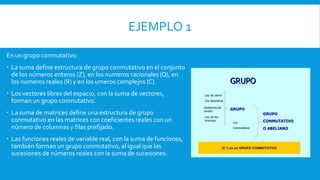 EJEMPLO 1
En un grupo conmutativo:
 La suma define estructura de grupo conmutativo en el conjunto
de los números enteros (Z), en los numeros racionales (Q), en
los numeros reales (R) y en los umeros complejos (C).
 Los vectores libres del espacio, con la suma de vectores,
forman un grupo conmutativo.
 La suma de matrices define una estructura de grupo
conmutativo en las matrices con coeficientes reales con un
número de columnas y filas prefijado.
 Las funciones reales de variable real, con la suma de funciones,
también forman un grupo conmutativo, al igual que las
sucesiones de números reales con la suma de sucesiones.
 