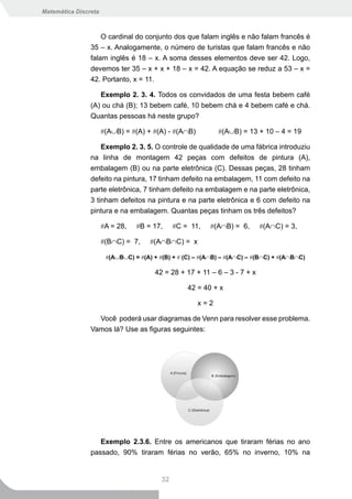 Matemática Discreta



                    O cardinal do conjunto dos que falam inglês e não falam francês é
                35 – x. Analogamente, o número de turistas que falam francês e não
                falam inglês é 18 – x. A soma desses elementos deve ser 42. Logo,
                devemos ter 35 – x + x + 18 – x = 42. A equação se reduz a 53 – x =
                42. Portanto, x = 11.

                   Exemplo 2. 3. 4. Todos os convidados de uma festa bebem café
                (A) ou chá (B); 13 bebem café, 10 bebem chá e 4 bebem café e chá.
                Quantas pessoas há neste grupo?

                      #(A∪B) = #(A) + #(A) - #(A∩B)          #(A∪B) = 13 + 10 – 4 = 19

                    Exemplo 2. 3. 5. O controle de qualidade de uma fábrica introduziu
                na linha de montagem 42 peças com defeitos de pintura (A),
                embalagem (B) ou na parte eletrônica (C). Dessas peças, 28 tinham
                defeito na pintura, 17 tinham defeito na embalagem, 11 com defeito na
                parte eletrônica, 7 tinham defeito na embalagem e na parte eletrônica,
                3 tinham defeitos na pintura e na parte eletrônica e 6 com defeito na
                pintura e na embalagem. Quantas peças tinham os três defeitos?

                      #A = 28,   #B = 17,      #C = 11,   #(A∩B) = 6,      #(A∩C) = 3,

                      #(B∩C) = 7,     #(A∩B∩C) = x

                       #(A∪B∪C) = #(A) + #(B) + # (C) – #(A∩B) – #(A∩C) – #(B∩C) + #(A∩B∩C)

                                       42 = 28 + 17 + 11 – 6 – 3 - 7 + x

                                                   42 = 40 + x

                                                      x=2

                  Você poderá usar diagramas de Venn para resolver esse problema.
                Vamos lá? Use as figuras seguintes:




                   Exemplo 2.3.6. Entre os americanos que tiraram férias no ano
                passado, 90% tiraram férias no verão, 65% no inverno, 10% na


                                          32
 