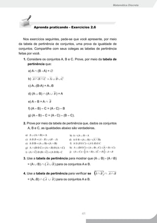 Matemática Discreta




          Aprenda praticando - Exercícios 2.6


    Nos exercícios seguintes, pede-se que você apresente, por meio
da tabela de pertinência de conjuntos, uma prova da igualdade de
conjuntos. Compartilhe com seus colegas as tabelas de pertinência
feitas por você.
   1. Considere os conjuntos A, B e C. Prove, por meio da tabela de
      pertinência que:

      a) A ∩ (B - A) = ∅

      b) A ∩ B ∩ C = A ∪ B ∪ C

      c) A∪(B-A) = A∪B

      d) (A ∪ B) ∩ (A ∪ B ) = A

      e) A – B = A ∩ B

      f) (A – B) – C = (A - C) – B

      g) (A – B) – C = (A - C) – (B – C).

   2. Prove por meio da tabela de pertinência que, dados os conjuntos
      A, B e C, as igualdades abaixo são verdadeiras.




   3. Use a tabela de pertinência para mostrar que (A ∪ B) - (A ∩B)
      = (A ∪ B) ∩ ( A ∪ B ) para os conjuntos A e B.

   4. Use a tabela de pertinência para verificar se    (A ∩ B ) ∩ A ∩ B
      = (A∪B) ∩ ( A ∪ B ) para os conjuntos A e B.




                                             41
 