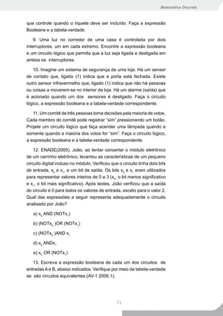 Matemática Discreta



que controle quando o tíquete deve ser incluído. Faça a expressão
Booleana e a tabela-verdade.

    9. Uma luz no corredor de uma casa é controlada por dois
interruptores, um em cada extremo. Encontre a expressão booleana
e um circuito lógico que permita que a luz seja ligada e desligada em
ambos os interruptores.

   10. Imagine um sistema de segurança de uma loja. Há um sensor
de contato que, ligado (1) indica que a porta está fechada. Existe
outro sensor infravermelho que, ligado (1) indica que não há pessoas
ou coisas a moverem-se no interior da loja. Há um alarme (saída) que
é acionado quando um dos sensores é desligado. Faça o circuito
lógico, a expressão booleana e a tabela-verdade correspondente.

   11. Um comitê de três pessoas toma decisões pela maioria de votos.
Cada membro do comitê pode registrar “sim” pressionando um botão.
Projete um circuito lógico que faça acender uma lâmpada quando e
somente quando a maioria dos votos for “sim”. Faça o circuito lógico,
a expressão booleana e a tabela-verdade correspondente.

    12. ENADE(2005). João, ao tentar consertar o módulo eletrônico
de um carrinho eletrônico, levantou as características de um pequeno
circuito digital incluso no módulo. Verificou que o circuito tinha dois bits
de entrada, x0 e x1, e um bit de saída. Os bits x0 e x1 eram utilizados
para representar valores inteiros de 0 a 3 (x0, o bit menos significativo
e x1, o bit mais significativo). Após testes, João verificou que a saída
do circuito é 0 para todos os valores de entrada, exceto para o valor 2.
Qual das expressões a seguir representa adequadamente o circuito
analisado por João?

   a) x0 AND (NOTx1)

   b) (NOTx0 )OR (NOTx1)

   c) (NOTx0 )AND x1

   d) x0 ANDx1

   e) x0 OR (NOTx1)

   13. Escreva a expressão booleana de cada um dos circuitos de
entradas A e B, abaixo indicados. Verifique por meio da tabela-verdade
se são circuitos equivalentes.(AV-1 2006.1).




                                                 73
 