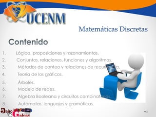 5
1. Lógica, proposiciones y razonamientos.
2. Conjuntos, relaciones, funciones y algoritmos.
3. Métodos de conteo y relaciones de recurrencia.
4. Teoría de los gráficos.
5. Árboles.
6. Modelo de redes.
7. Algebra Booleana y circuitos combinatorios.
Matemáticas Discretas
8. Autómatas, lenguajes y gramáticas.