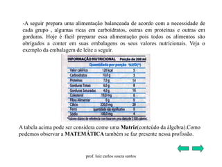 -A seguir prepara uma alimentação balanceada de acordo com a necessidade de
cada grupo , algumas ricas em carboidratos, outras em proteínas e outras em
gorduras. Hoje é fácil preparar essa alimentação pois todos os alimentos são
obrigados a conter em suas embalagens os seus valores nutricionais. Veja o
exemplo da embalagem de leite a seguir.
A tabela acima pode ser considera como uma Matriz(conteúdo da álgebra).Como
podemos observar a MATEMÁTICA também se faz presente nessa profissão.
prof. luiz carlos souza santos
 
