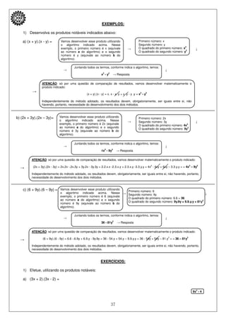 37
Vamos desenvolver esse produto utilizando
o algoritmo indicado acima. Nesse
exemplo, o primeiro número é x (equivale
ao número a do algoritmo) e o segundo
número é y (equivale ao número b do
algoritmo).
Juntando todos os termos, conforme indica o algoritmo, temos:
x2
- y2
→ Resposta
ATENÇÃO: só por uma questão de comparação de resultados, vamos desenvolver matematicamente o
produto indicado:
(x + y).(x - y) = x. x - x. y + x. y - y .y = x2
- y2
Independentemente do método adotado, os resultados devem, obrigatoriamente, ser iguais entre si, não
havendo, portanto, necessidade do desenvolvimento dos dois métodos.
Primeiro número: x
Segundo número: y
O quadrado do primeiro número: x2
O quadrado do segundo número: y2
Vamos desenvolver esse produto utilizando
o algoritmo indicado acima. Nesse
exemplo, o primeiro número é 2x (equivale
ao número a do algoritmo) e o segundo
número é 3y (equivale ao número b do
algoritmo).
Juntando todos os termos, conforme indica o algoritmo, temos:
4x2
- 9y2
→ Resposta
ATENÇÃO: só por uma questão de comparação de resultados, vamos desenvolver matematicamente o produto indicado:
(2x + 3y).(2x - 3y) = 2x.2x -.2x.3y + 3y.2x - 3y.3y = 2.2.x.x -2.3.x.y + 2.3.x.y -3.3.y.y = 4x2
- 6xy + 6xy – 3.3.y.y = = 4x2
– 9y2
Independentemente do método adotado, os resultados devem, obrigatoriamente, ser iguais entre si, não havendo, portanto,
necessidade do desenvolvimento dos dois métodos.
Primeiro número: 2x
Segundo número: 3y
O quadrado do primeiro número: 4x2
O quadrado do segundo número: 9y2
Vamos desenvolver esse produto utilizando
o algoritmo indicado acima. Nesse
exemplo, o primeiro número é 6 (equivale
ao número a do algoritmo) e o segundo
número é 9y (equivale ao número b do
algoritmo).
Juntando todos os termos, conforme indica o algoritmo, temos:
36 - 81y2
→ Resposta
ATENÇÃO: só por uma questão de comparação de resultados, vamos desenvolver matematicamente o produto indicado:
(6 + 9y).(6 - 9y) = 6.6 -.6.9y + 6.9.y - 9y.9y = 36 - 54.y + 54.y – 9.9.y.y = 36 - 54y + 54y – 81.y2
= = 36 – 81y2
Independentemente do método adotado, os resultados devem, obrigatoriamente, ser iguais entre si, não havendo, portanto,
necessidade do desenvolvimento dos dois métodos.
Primeiro número: 6
Segundo número: 9y
O quadrado do primeiro número: 6.6 = 36
O quadrado do segundo número: 9y.9y = 9.9.y.y = 81y2
EXEMPLOS:
1) Desenvolva os produtos notáveis indicados abaixo:
a) (x + y).(x - y) =
→ ↓
→ ↓
→
b) (2x + 3y).(2x – 3y)=
→ ↓
→ ↓
→
c) (6 + 9y).(6 – 9y) =
→ ↓
→ ↓
→
EXERCÍCIOS:
1) Efetue, utilizando os produtos notáveis:
a) (3x + 2).(3x - 2) =
9x2
- 4
 