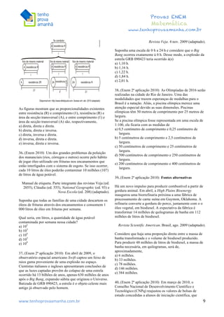  	
  	
  	
  	
  	
  	
  	
  	
  	
  	
  	
  	
  	
  	
  	
  	
  	
  	
  	
  	
  	
  	
  	
  	
  	
  	
  	
  	
  	
  	
  	
  	
  	
  	
  	
  	
  	
  	
  	
  	
  	
  	
  	
  	
  	
  	
  	
  	
  	
  	
  	
  	
  	
  	
  	
  	
  	
  	
  	
  	
  	
  	
  	
  	
  	
  	
  	
  	
  	
  	
  	
  	
  	
  	
  	
  	
  	
  	
  	
  	
  	
  	
  	
  	
  	
  	
  	
  	
  	
  	
   	
   	
   	
   	
  
Provas ENEM
Matemática
www.tenhoprovaamanha.com.br
www.tenhoprovaamanha.com.br	
   9
As figuras mostram que as proporcionalidades existentes
entre resistência (R) e comprimento (ℓ), resistência (R) e
área da secção transversal (A), e entre comprimento (ℓ) e
área da secção transversal (A) são, respectivamente,
a) direta, direta e direta.
b) direta, direta e inversa.
c) direta, inversa e direta.
d) inversa, direta e direta.
e) inversa, direta e inversa.
36. (Enem 2010) Um dos grandes problemas da poluição
dos mananciais (rios, córregos e outros) ocorre pelo hábito
de jogar óleo utilizado em frituras nos encanamentos que
estão interligados com o sistema de esgoto. Se isso ocorrer,
cada 10 litros de óleo poderão contaminar 10 milhões (107)
de litros de água potável.
Manual de etiqueta. Parte integrante das revistas Veja (ed.
2055), Cláudia (ed. 555), National Geographic (ed. 93) e
Nova Escola (ed. 208) (adaptado).
Suponha que todas as famílias de uma cidade descartem os
óleos de frituras através dos encanamentos e consomem 1
000 litros de óleo em frituras por semana.
Qual seria, em litros, a quantidade de água potável
contaminada por semana nessa cidade?
a) 102
b) 103
c) 104
d) 105
e) 109
37. (Enem 2ª aplicação 2010) Em abril de 2009, o
observatório espacial americano Swift captou um feixe de
raios gama proveniente de uma explosão no espaço.
Cientistas italianos e ingleses apresentaram conclusões de
que as luzes captadas provêm do colapso de uma estrela
ocorrido há 13 bilhões de anos, apenas 630 milhões de anos
após o Big Bang, expansão súbita que originou o Universo.
Batizada de GRB 090423, a estrela é o objeto celeste mais
antigo já observado pelo homem.
Revista Veja. 4 nov. 2009 (adaptado).
Suponha uma escala de 0 h a 24 h e considere que o Big
Bang ocorreu exatamente à 0 h. Desse modo, a explosão da
estrela GRB 090423 teria ocorrido à(s)
a) 1,10 h.
b) 1,16 h.
c) 1,22 h.
d) 1,84 h.
e) 2,01 h.
38. (Enem 2ª aplicação 2010) As Olimpíadas de 2016 serão
realizadas na cidade do Rio de Janeiro. Uma das
modalidades que trazem esperanças de medalhas para o
Brasil é a natação. Aliás, a piscina olímpica merece uma
atenção especial devido as suas dimensões. Piscinas
olímpicas têm 50 metros de comprimento por 25 metros de
largura.
Se a piscina olímpica fosse representada em uma escala de
1:100, ela ficaria com as medidas de
a) 0,5 centímetro de comprimento e 0,25 centímetro de
largura.
b) 5 centímetros de comprimento e 2,5 centímetros de
largura.
c) 50 centímetros de comprimento e 25 centímetros de
largura.
d) 500 centímetros de comprimento e 250 centímetros de
largura.
e) 200 centímetros de comprimento e 400 centímetros de
largura.
39. (Enem 2ª aplicação 2010) Fontes alternativas
Há um novo impulso para produzir combustível a partir de
gordura animal. Em abril, a High Plains Bioenergy
inaugurou uma biorrefinaria próxima a uma fábrica de
processamento de carne suína em Guymon, Oklahoma. A
refinaria converte a gordura do porco, juntamente com o o
óleo vegetal, em biodiesel. A expectativa da fábrica é
transformar 14 milhões de quilogramas de banha em 112
milhões de litros de biodiesel.
Revista Scientific American. Brasil, ago. 2009 (adaptado).
Considere que haja uma proporção direta entre a massa de
banha transformada e o volume de biodiesel produzido.
Para produzir 48 milhões de litros de biodiesel, a massa de
banha necessária, em quilogramas, será de,
aproximadamente,
a) 6 milhões.
b) 33 milhões.
c) 78 milhões.
d) 146 milhões.
e) 384 milhões.
40. (Enem 2ª aplicação 2010) Em março de 2010, o
Conselho Nacional de Desenvolvimento Científico e
Tecnológico (CNPq) reajustou os valores de bolsas de
estudo concedidas a alunos de iniciação científica, que
 
