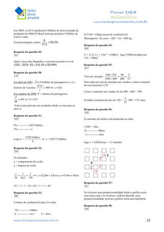  	
  	
  	
  	
  	
  	
  	
  	
  	
  	
  	
  	
  	
  	
  	
  	
  	
  	
  	
  	
  	
  	
  	
  	
  	
  	
  	
  	
  	
  	
  	
  	
  	
  	
  	
  	
  	
  	
  	
  	
  	
  	
  	
  	
  	
  	
  	
  	
  	
  	
  	
  	
  	
  	
  	
  	
  	
  	
  	
  	
  	
  	
  	
  	
  	
  	
  	
  	
  	
  	
  	
  	
  	
  	
  	
  	
  	
  	
  	
  	
  	
  	
  	
  	
  	
  	
  	
  	
  	
  	
   	
   	
   	
   	
  
Provas ENEM
Matemática
www.tenhoprovaamanha.com.br
www.tenhoprovaamanha.com.br	
   22
Em 2009, os EUA produzirá 9 bilhões de litros (metade da
produção de 2006).O Brasil terá que produzir 9 bilhões de
Litros a mais.
Em porcentagem, temos
Resposta da questão 49:
[E]
Após a troca das lâmpadas o consumo passará a ser de
Resposta da questão 50:
[A]
Em abril de 2001 . 321,9 milhões de passageiros e x é o
número de veículos.
Em outubro de 2008. P = número de passageiros.
Valor mais próximo do resultado obtido se encontra no
item A
Resposta da questão 51:
[D]
4% -------------925 bilhões
3%---------------x
Logo x = ⇔ x = 693,75 bilhões.
Resposta da questão 52:
[D]
No desenho:
x = comprimento do avião.
y = largura do avião.
19 + 1 + 1 = 21 e 24 + 1 + 1 = 26
Resposta da questão 53:
[B]
Volume de combustível para 16 voltas
75L -----------100km
V --------------16.7 V = 84 L
0,75.84 = 63kg( massa do combustível)
Massa(peso) do carro = 605 + 63 = 668 kg
Resposta da questão 54:
[B]
V = 2.15.1,1 = 33m3
= 33000 L logo 33000 dividido por
110 = 300m2
Resposta da questão 55:
[C]
Taxa de variação: .
Para cada um real de aumento nas vendas o salário semanal
deverá aumentar 2/25.
Como o aumento nas vendas foi de 990 – 600 = 390.
O salário semanal deverá ser 120 + = 172 reais.
Resposta da questão 56:
[D]
O caminho do ônibus está destacado ao lado;
5.200 = 1km.
1h ------------40km
x-------------1km
logo x = 0,025horas = 1,5 minutos
Resposta da questão 57:
[E]
Se existisse uma proporcionalidade direta o gráfico seria
uma única reta e se existisse, embora absurda, uma
proporcionalidade inversa o gráfico seria uma hipérbole.
Resposta da questão 58:
[D]
 