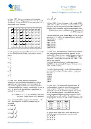  	
  	
  	
  	
  	
  	
  	
  	
  	
  	
  	
  	
  	
  	
  	
  	
  	
  	
  	
  	
  	
  	
  	
  	
  	
  	
  	
  	
  	
  	
  	
  	
  	
  	
  	
  	
  	
  	
  	
  	
  	
  	
  	
  	
  	
  	
  	
  	
  	
  	
  	
  	
  	
  	
  	
  	
  	
  	
  	
  	
  	
  	
  	
  	
  	
  	
  	
  	
  	
  	
  	
  	
  	
  	
  	
  	
  	
  	
  	
  	
  	
  	
  	
  	
  	
  	
  	
  	
  	
  	
   	
   	
   	
   	
  
Provas ENEM
Matemática
www.tenhoprovaamanha.com.br
www.tenhoprovaamanha.com.br	
   2
5. (Enem 2013) Em um certo teatro, as poltronas são
divididas em setores. A figura apresenta a vista do setor 3
desse teatro, no qual as cadeiras escuras estão reservadas e
as claras não foram vendidas.
A razão que representa a quantidade de cadeiras reservadas
do setor 3 em relação ao total de cadeiras desse mesmo
setor é
a)
b)
c)
d)
e)
6. (Enem 2013) Muitos processos fisiológicos e
bioquímicos, tais como batimentos cardíacos e taxa de
respiração, apresentam escalas construídas a partir da
relação entre superfície e massa (ou volume) do animal.
Uma dessas escalas, por exemplo, considera que ”o cubo da
área S da superfície de um mamífero é proporcional ao
quadrado de sua massa M“.
HUGHES-HALLETT, D. et al. Cálculo e aplicações.
São Paulo: Edgard Blücher, 1999 (adaptado).
Isso é equivalente a dizer que, para uma constante k > 0, a
área S pode ser escrita em função de M por meio da
expressão:
a)
b)
c)
d)
e)
7. (Enem 2013) O contribuinte que vende mais de R$ 20
mil de ações em Bolsa de Valores em um mês deverá pagar
Imposto de Renda. O pagamento para a Receita Federal
consistirá em 15% do lucro obtido com a venda das ações.
Disponível em: www1.folha.uol.com.br. Acesso em: 26
abr. 2010 (adaptado).
Um contribuinte que vende por R$ 34 mil um lote de ações
que custou R$ 26 mil terá de pagar de Imposto de Renda à
Receita Federal o valor de
a) R$ 900,00.
b) R$ 1200,00.
c) R$ 2100,00.
d) R$ 3900,00.
e) R$ 5100,00.
8. (Enem 2013) Para aumentar as vendas no início do ano,
uma loja de departamentos remarcou os preços de seus
produtos 20% abaixo do preço original. Quando chegam ao
caixa, os clientes que possuem o cartão fidelidade da loja
têm direito a um desconto adicional de 10% sobre o valor
total de suas compras.
Um cliente deseja comprar um produto que custava
R$50,00 antes da remarcação de preços. Ele não possui o
cartão fidelidade da loja.
Caso esse cliente possuísse o cartão fidelidade da loja, a
economia adicional que obteria ao efetuar a compra, em
reais, seria de
a) 15,00.
b) 14,00.
c) 10,00.
d) 5,00.
e) 4,00.
9. (Enem 2013) Um comerciante visita um centro de
vendas para fazer cotação de preços dos produtos que
deseja comprar. Verifica que se aproveita 100% da
quantidade adquirida de produtos do tipo A, mas apenas
90% de produtos do tipo B. Esse comerciante deseja
comprar uma quantidade de produtos, obtendo o menor
custo/benefício em cada um deles. O quadro mostra o preço
por quilograma, em reais, de cada produto comercializado.
Os tipos de arroz, feijão, soja e milho que devem ser
escolhidos pelo comerciante são, respectivamente,
a) A, A, A, A.
b) A, B, A, B.
c) A, B, B, A.
Produto Tipo A Tipo B
Arroz 2,00 1,70
Feijão 4,50 4,10
Soja 3,80 3,50
Milho 6,00 5,30
 
