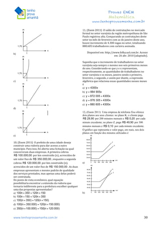  	
  	
  	
  	
  	
  	
  	
  	
  	
  	
  	
  	
  	
  	
  	
  	
  	
  	
  	
  	
  	
  	
  	
  	
  	
  	
  	
  	
  	
  	
  	
  	
  	
  	
  	
  	
  	
  	
  	
  	
  	
  	
  	
  	
  	
  	
  	
  	
  	
  	
  	
  	
  	
  	
  	
  	
  	
  	
  	
  	
  	
  	
  	
  	
  	
  	
  	
  	
  	
  	
  	
  	
  	
  	
  	
  	
  	
  	
  	
  	
  	
  	
  	
  	
  	
  	
  	
  	
  	
  	
   	
   	
   	
   	
  
Provas ENEM
Matemática
www.tenhoprovaamanha.com.br
www.tenhoprovaamanha.com.br	
   30
b)
c)
d)
e)
10.	
  (Enem	
  2011)	
  	
  O	
  prefeito	
  de	
  uma	
  cidade	
  deseja	
  
construir	
  uma	
  rodovia	
  para	
  dar	
  acesso	
  a	
  outro	
  
município.	
  Para	
  isso,	
  foi	
  aberta	
  uma	
  licitação	
  na	
  qual	
  
concorreram	
  duas	
  empresas.	
  A	
  primeira	
  cobrou	
  
	
  por	
  km	
  construído	
  (n),	
  acrescidos	
  de	
  
um	
  valor	
  fixo	
  de	
   ,	
  enquanto	
  a	
  segunda	
  
cobrou	
   	
  por	
  km	
  construído	
  (n),	
  
acrescidos	
  de	
  um	
  valor	
  fixo	
  de	
   .	
  As	
  duas	
  
empresas	
  apresentam	
  o	
  mesmo	
  padrão	
  de	
  qualidade	
  
dos	
  serviços	
  prestados,	
  mas	
  apenas	
  uma	
  delas	
  poderá	
  
ser	
  contratada.	
  	
  
Do	
  ponto	
  de	
  vista	
  econômico,	
  qual	
  equação	
  
possibilitaria	
  encontrar	
  a	
  extensão	
  da	
  rodovia	
  que	
  
tornaria	
  indiferente	
  para	
  a	
  prefeitura	
  escolher	
  qualquer	
  
uma	
  das	
  propostas	
  apresentadas?	
  	
  
a)
b)
c)
d)
e)
11.	
  (Enem	
  2011)	
  	
  O	
  saldo	
  de	
  contratações	
  no	
  mercado	
  
formal	
  no	
  setor	
  varejista	
  da	
  região	
  metropolitana	
  de	
  São	
  
Paulo	
  registrou	
  alta.	
  Comparando	
  as	
  contratações	
  deste	
  
setor	
  no	
  mês	
  de	
  fevereiro	
  com	
  as	
  de	
  janeiro	
  deste	
  ano,	
  
houve	
  incremento	
  de	
  4.300	
  vagas	
  no	
  setor,	
  totalizando	
  
880.605	
  trabalhadores	
  com	
  carteira	
  assinada.	
  	
  
	
  
Disponível	
  em:	
  http://www.folha.uol.com.br.	
  Acesso	
  
em:	
  26	
  abr.	
  2010	
  (adaptado).	
  
	
  
Suponha	
  que	
  o	
  incremento	
  de	
  trabalhadores	
  no	
  setor	
  
varejista	
  seja	
  sempre	
  o	
  mesmo	
  nos	
  seis	
  primeiros	
  meses	
  
do	
  ano.	
  Considerando-­‐se	
  que	
  y	
  e	
  x	
  representam,	
  
respectivamente,	
  as	
  quantidades	
  de	
  trabalhadores	
  no	
  
setor	
  varejista	
  e	
  os	
  meses,	
  janeiro	
  sendo	
  o	
  primeiro,	
  
fevereiro,	
  o	
  segundo,	
  e	
  assim	
  por	
  diante,	
  a	
  expressão	
  
algébrica	
  que	
  relaciona	
  essas	
  quantidades	
  nesses	
  meses	
  
é	
  	
  
a)
b)
c)
d)
e)
12. (Enem 2011) Uma empresa de telefonia fixa oferece
dois planos aos seus clientes: no plano K, o cliente paga
por 200 minutos mensais e por cada
minuto excedente; no plano Z, paga por 300
minutos mensais e por cada minuto excedente.
O gráfico que representa o valor pago, em reais, nos dois
planos em função dos minutos utilizados é
a)
b)
 