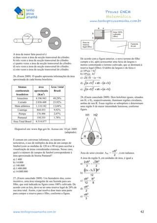  	
  	
  	
  	
  	
  	
  	
  	
  	
  	
  	
  	
  	
  	
  	
  	
  	
  	
  	
  	
  	
  	
  	
  	
  	
  	
  	
  	
  	
  	
  	
  	
  	
  	
  	
  	
  	
  	
  	
  	
  	
  	
  	
  	
  	
  	
  	
  	
  	
  	
  	
  	
  	
  	
  	
  	
  	
  	
  	
  	
  	
  	
  	
  	
  	
  	
  	
  	
  	
  	
  	
  	
  	
  	
  	
  	
  	
  	
  	
  	
  	
  	
  	
  	
  	
  	
  	
  	
  	
  	
   	
   	
   	
   	
  
Provas ENEM
Matemática
www.tenhoprovaamanha.com.br
www.tenhoprovaamanha.com.br	
   42
A área da maior fatia possível é
a) duas vezes a área da secção transversal do cilindro.
b) três vezes a área da secção transversal do cilindro.
c) quatro vezes a área da secção transversal do cilindro.
d) seis vezes a área da secção transversal do cilindro.
e) oito vezes a área da secção transversal do cilindro.
26. (Enem 2009) O quadro apresenta informações da área
aproximada de cada bioma brasileiro.
biomas
continentais
brasileiros
área
aproximada
(Km2
)
Área / total
Brasil
Amazônia 4.196.943 49,29%
Cerrado 2.036.448 23,92%
Mata atlântica 1.110.182 13,04%
Caantiga 844.453 9,92%
Pampa 176.496 2,07%
Pantanal 150.355 1,76%
Área Total Brasil 8.514.877
Disponível em: www.ibge.gov.br. Acesso em: 10 jul. 2009
(adaptado).
É comum em conversas informais, ou mesmo em
noticiários, o uso de múltiplos da área de um campo de
futebol (com as medidas de 120 m x 90 m) para auxiliar a
visualização de áreas consideradas extensas. Nesse caso,
qual é o número de campos de futebol correspondente à
área aproximada do bioma Pantanal?
a) 1.400
b) 14.000
c) 140.000
d) 1.400.000
e) 14.000.000
27. (Enem cancelado 2009) Um fazendeiro doa, como
incentivo, uma área retangular de sua fazenda para seu
filho, que está indicada na figura como 100% cultivada. De
acordo com as leis, deve-se ter uma reserva legal de 20% de
sua área total. Assim, o pai resolve doar mais uma parte
para compor a reserva para o filho, conforme a figura.
De acordo com a figura anterior, o novo terreno do filho
cumpre a lei, após acrescentar uma faixa de largura x
metros contornando o terreno cultivado, que se destinará à
reserva legal (filho). O dobro da largura x da faixa é
a) 10%(a + b)2
b) 10%(a . b)2
c) − (a + b)
d)
e)
28. (Enem cancelado 2009) Dois holofotes iguais, situados
em H1 e H2, respectivamente, iluminam regiões circulares,
ambas de raio R. Essas regiões se sobrepõem e determinam
uma região S de maior intensidade luminosa, conforme
figura.
Área do setor circular: ASC = , á em radianos.
A área da região S, em unidades de área, é igual a
a)
b)
c)
d)
e)
 