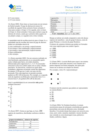  	
  	
  	
  	
  	
  	
  	
  	
  	
  	
  	
  	
  	
  	
  	
  	
  	
  	
  	
  	
  	
  	
  	
  	
  	
  	
  	
  	
  	
  	
  	
  	
  	
  	
  	
  	
  	
  	
  	
  	
  	
  	
  	
  	
  	
  	
  	
  	
  	
  	
  	
  	
  	
  	
  	
  	
  	
  	
  	
  	
  	
  	
  	
  	
  	
  	
  	
  	
  	
  	
  	
  	
  	
  	
  	
  	
  	
  	
  	
  	
  	
  	
  	
  	
  	
  	
  	
  	
  	
  	
   	
   	
   	
   	
  
Provas ENEM
Matemática
www.tenhoprovaamanha.com.br
www.tenhoprovaamanha.com.br	
   72
d) 9 vezes menor.
e) 14 vezes menor.
10. (Enem 2009) Doze times se inscreveram em um torneio
de futebol amador. O jogo de abertura do torneio foi
escolhido da seguinte forma: primeiro foram sorteados 4
times para compor o Grupo A. Em seguida, entre os times
do Grupo A, foram sorteados 2 times para realizar o jogo de
abertura do torneio, sendo que o primeiro deles jogaria em
seu próprio campo, e o segundo seria o time visitante.
A quantidade total de escolhas possíveis para o Grupo A e a
quantidade total de escolhas dos times do jogo de abertura
podem ser calculadas através de
a) uma combinação e um arranjo, respectivamente.
b) um arranjo e uma combinação, respectivamente.
c) um arranjo e uma permutação, respectivamente.
d) duas combinações.
e) dois arranjos.
11. (Enem cancelado 2009) Em um concurso realizado em
uma lanchonete, apresentavam-se ao consumidor quatro
cartas voltadas para baixo, em ordem aleatória,
diferenciadas pelos algarismos 0, 1, 2 e 5. O consumidor
selecionava uma nova ordem ainda com as cartas voltadas
para baixo. Ao desvirá-las, verificava-se quais delas
continham o algarismo na posição correta dos algarismos
do número 12,50 que era o valor, em reais, do trio-
promoção. Para cada algarismo na posição acertada,
ganhava-se R$ 1,00 de desconto. Por exemplo, se a segunda
carta da sequência escolhida pelo consumidor fosse 2 e a
terceira fosse 5, ele ganharia R$ 2,00 de desconto.
Qual é a probabilidade de um consumidor não ganhar
qualquer desconto?
a)
b)
c)
d)
e)
12. (Enem 2007) Estima-se que haja, no Acre,
espécies de mamíferos, distribuídas conforme a tabela a
seguir.
grupos taxonômicos número de espécies
Artiodáctilos 4
Carnívoros 18
Cetáceos 2
Quirópteros 103
Lagomorfos 1
Marsupiais 16
Perissodáctilos 1
Primatas 20
Roedores 33
Sirênios 1
Edentados 10
Total 209
T & C Amazônia, ano 1, n.º 3, dez./2003.
Deseja-se realizar um estudo comparativo entre três dessas
espécies de mamíferos - uma do grupo Cetáceos, outra do
grupo Primatas e a terceira do grupo Roedores.
O número de conjuntos distintos que podem ser formados
com essas espécies para esse estudo é igual a
a)
b)
c)
d)
e)
13. (Enem 2005) A escrita Braile para cegos é um sistema
de símbolos no qual cada caractere é um conjunto de 6
pontos dispostos em forma retangular, dos quais pelo
menos um se destaca em relação aos demais.
Por exemplo, a letra é representada por
O número total de caracteres que podem ser representados
no sistema Braile é
a)
b)
c)
d)
e)
14. (Enem 2004) No Nordeste brasileiro, é comum
encontrarmos peças de artesanato constituídas por garrafas
preenchidas com areia de diferentes cores, formando
desenhos. Um artesão deseja fazer peças com areia de cores
cinza, azul, verde e amarela, mantendo o mesmo desenho,
mas variando as cores da paisagem (casa, palmeira e
fundo), conforme a figura.
 