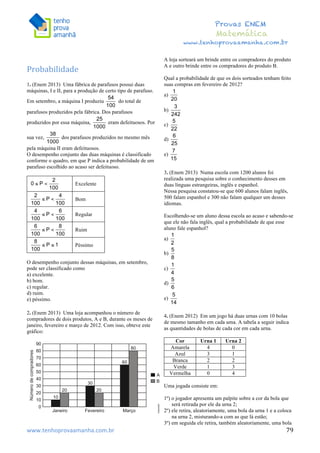  	
  	
  	
  	
  	
  	
  	
  	
  	
  	
  	
  	
  	
  	
  	
  	
  	
  	
  	
  	
  	
  	
  	
  	
  	
  	
  	
  	
  	
  	
  	
  	
  	
  	
  	
  	
  	
  	
  	
  	
  	
  	
  	
  	
  	
  	
  	
  	
  	
  	
  	
  	
  	
  	
  	
  	
  	
  	
  	
  	
  	
  	
  	
  	
  	
  	
  	
  	
  	
  	
  	
  	
  	
  	
  	
  	
  	
  	
  	
  	
  	
  	
  	
  	
  	
  	
  	
  	
  	
  	
   	
   	
   	
   	
  
Provas ENEM
Matemática
www.tenhoprovaamanha.com.br
www.tenhoprovaamanha.com.br	
   79
Probabilidade	
  
1. (Enem 2013) Uma fábrica de parafusos possui duas
máquinas, I e II, para a produção de certo tipo de parafuso.
Em setembro, a máquina I produziu do total de
parafusos produzidos pela fábrica. Dos parafusos
produzidos por essa máquina, eram defeituosos. Por
sua vez, dos parafusos produzidos no mesmo mês
pela máquina II eram defeituosos.
O desempenho conjunto das duas máquinas é classificado
conforme o quadro, em que P indica a probabilidade de um
parafuso escolhido ao acaso ser defeituoso.
Excelente
Bom
Regular
Ruim
Péssimo
O desempenho conjunto dessas máquinas, em setembro,
pode ser classificado como
a) excelente.
b) bom.
c) regular.
d) ruim.
e) péssimo.
2. (Enem 2013) Uma loja acompanhou o número de
compradores de dois produtos, A e B, durante os meses de
janeiro, fevereiro e março de 2012. Com isso, obteve este
gráfico:
A loja sorteará um brinde entre os compradores do produto
A e outro brinde entre os compradores do produto B.
Qual a probabilidade de que os dois sorteados tenham feito
suas compras em fevereiro de 2012?
a)
b)
c)
d)
e)
3. (Enem 2013) Numa escola com 1200 alunos foi
realizada uma pesquisa sobre o conhecimento desses em
duas línguas estrangeiras, inglês e espanhol.
Nessa pesquisa constatou-se que 600 alunos falam inglês,
500 falam espanhol e 300 não falam qualquer um desses
idiomas.
Escolhendo-se um aluno dessa escola ao acaso e sabendo-se
que ele não fala inglês, qual a probabilidade de que esse
aluno fale espanhol?
a)
b)
c)
d)
e)
4. (Enem 2012) Em um jogo há duas urnas com 10 bolas
de mesmo tamanho em cada uma. A tabela a seguir indica
as quantidades de bolas de cada cor em cada urna.
Cor Urna 1 Urna 2
Amarela 4 0
Azul 3 1
Branca 2 2
Verde 1 3
Vermelha 0 4
Uma jogada consiste em:
1º) o jogador apresenta um palpite sobre a cor da bola que
será retirada por ele da urna 2;
2º) ele retira, aleatoriamente, uma bola da urna 1 e a coloca
na urna 2, misturando-a com as que lá estão;
3º) em seguida ele retira, também aleatoriamente, uma bola
 