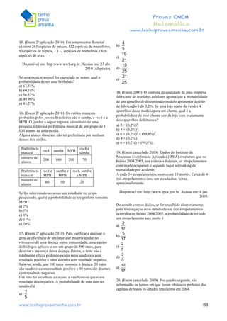  	
  	
  	
  	
  	
  	
  	
  	
  	
  	
  	
  	
  	
  	
  	
  	
  	
  	
  	
  	
  	
  	
  	
  	
  	
  	
  	
  	
  	
  	
  	
  	
  	
  	
  	
  	
  	
  	
  	
  	
  	
  	
  	
  	
  	
  	
  	
  	
  	
  	
  	
  	
  	
  	
  	
  	
  	
  	
  	
  	
  	
  	
  	
  	
  	
  	
  	
  	
  	
  	
  	
  	
  	
  	
  	
  	
  	
  	
  	
  	
  	
  	
  	
  	
  	
  	
  	
  	
  	
  	
   	
   	
   	
   	
  
Provas ENEM
Matemática
www.tenhoprovaamanha.com.br
www.tenhoprovaamanha.com.br	
   83
15. (Enem 2ª aplicação 2010) Em uma reserva florestal
existem 263 espécies de peixes, 122 espécies de mamíferos,
93 espécies de répteis, 1 132 espécies de borboletas e 656
espécies de aves.
Disponível em: http:www.wwf.org.br. Acesso em: 23 abr.
2010 (adaptado).
Se uma espécie animal for capturada ao acaso, qual a
probabilidade de ser uma borboleta?
a) 63,31%
b) 60,18%
c) 56,52%
d) 49,96%
e) 43,27%
16. (Enem 2ª aplicação 2010) Os estilos musicais
preferidos pelos jovens brasileiros são o samba, o rock e a
MPB. O quadro a seguir registra o resultado de uma
pesquisa relativa à preferência musical de um grupo de 1
000 alunos de uma escola.
Alguns alunos disseram não ter preferência por nenhum
desses três estilos.
Preferência
musical
rock samba MPB
rock e
samba
número de
alunos
200 180 200 70
Preferência
musical
rock e
MPB
samba e
MPB
rock, samba
e MPB
número de
alunos
60 50 20
Se for selecionado ao acaso um estudante no grupo
pesquisado, qual é a probabilidade de ele preferir somente
MPB?
a) 2%
b) 5%
c) 6%
d) 11%
e) 20%
17. (Enem 2ª aplicação 2010) Para verificar e analisar o
grau de eficiência de um teste que poderia ajudar no
retrocesso de uma doença numa comunidade, uma equipe
de biólogos aplicou-o em um grupo de 500 ratos, para
detectar a presença dessa doença. Porém, o teste não é
totalmente eficaz podendo existir ratos saudáveis com
resultado positivo e ratos doentes com resultado negativo.
Sabe-se, ainda, que 100 ratos possuem a doença, 20 ratos
são saudáveis com resultado positivo e 40 ratos são doentes
com resultado negativo.
Um rato foi escolhido ao acaso, e verificou-se que o seu
resultado deu negativo. A probabilidade de esse rato ser
saudável é
a)
b)
c)
d)
e)
18. (Enem 2009) O controle de qualidade de uma empresa
fabricante de telefones celulares aponta que a probabilidade
de um aparelho de determinado modelo apresentar defeito
de fabricação é de 0,2%. Se uma loja acaba de vender 4
aparelhos desse modelo para um cliente, qual é a
probabilidade de esse cliente sair da loja com exatamente
dois aparelhos defeituosos?
a) 2 × (0,2%)4
.
b) 4 × (0,2%)2
.
c) 6 × (0,2%)2
× (99,8%)2
.
d) 4 × (0,2%).
e) 6 × (0,2%) × (99,8%).
19. (Enem cancelado 2009) Dados do Instituto de
Pesquisas Econômicas Aplicadas (IPEA) revelaram que no
biênio 2004/2005, nas rodovias federais, os atropelamentos
com morte ocuparam o segundo lugar no ranking de
mortalidade por acidente.
A cada 34 atropelamentos, ocorreram 10 mortes. Cerca de 4
mil atropelamentos/ano, um a cada duas horas,
aproximadamente.
Disponível em: http://www.ipea.gov.br. Acesso em: 6 jan.
2009.
De acordo com os dados, se for escolhido aleatoriamente
para investigação mais detalhada um dos atropelamentos
ocorridos no biênio 2004/2005, a probabilidade de ter sido
um atropelamento sem morte é
a)
b)
c)
d)
e)
20. (Enem cancelado 2009) No quadro seguinte, são
informados os turnos em que foram eleitos os prefeitos das
capitais de todos os estados brasileiros em 2004.
 