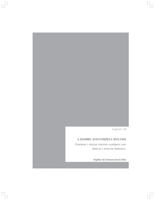 Capítulo VII


 A ÁLGEBRA: SUAS FUNÇÕES E SEUS USOS
CONSTRUIR   E UTILIZAR CONCEITOS ALGÉBRICOS PARA

                 MODELAR E RESOLVER PROBLEMAS.




                  Angélica da Fontoura Garcia Silva
 