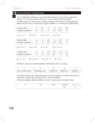 Matemática                                                                      Ensino Fundamental

      Desenvolvendo Competências
  1   I. Se a brincadeira continuasse e outra participante dissesse 15, qual seria a resposta do
      mágico? E se outro participante dissesse 2,5, o que o mágico deveria responder?
      II. Agora analise estes outros casos e escolha a alternativa que representa a regra usada pelo
      mágico em cada um (y é o número que o mágico respondeu e x o número que a platéia falou).

      A platéia falou             7       14          2        9       215        10
      O mágico respondeu          8       15          3       10       216        11

      a) y = x + 2       b) y = 2x        c) y = x + 1        d) y = 3x

      A platéia falou             2          4      20         7       2,5         0
      O mágico respondeu          5          7      23        10       5,5         3

      a) y = x + 2       b) y = 2x        c) y = 4x           d) y = x + 3

      A platéia falou             3          4      15         50      1,5        25
      O mágico respondeu          7          9      31        101        4        51

      a) y = x + 1      b) y = 2x + 1        c) y = 3x - 2      d) y = 3x

      III. Observe agora esta outra brincadeira de adivinhação, feita em 5 etapas.

               1ª                       2ª                    3ª               4ª            5ª
      Pense em um número        Multiplique por 4         Adicione 8      Divida por 4   Subtraia 2.

      Você poderia afirmar que, independentemente do número pensado, o resultado final obtido é o
      mesmo que o número que você pensou. Ou é mera coincidência?
      Por meio da Álgebra, podemos verificar que não se trata de mera coincidência. Veja:

                x                       4x                   4x+8            (4x+8):4     x+2-2
                                                                               x+2          x




152
 