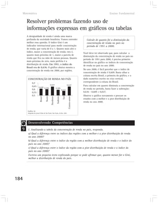 Matemática                                                                                                       Ensino Fundamental


      Resolver problemas fazendo uso de
      informações expressas em gráficos ou tabelas
      A desigualdade de renda é ainda uma marca
      profunda da sociedade brasileira. Vamos entender                                     Calcule de quanto foi a diminuição da
      melhor essa questão. O índice Gini é um                                              concentração de renda no país no
      indicador internacional para medir concentração                                      período de 1991 a 2000.
      de renda, que varia de 0 a 1. Quanto mais alto o
      índice, maior a concentração de renda; isto é,
                                                                                        Você deve ter observado que, para calcular a
      quanto mais próximo de 1, maior a parcela de
                                                                                        diminuição da concentração de renda no país no
      renda que fica na mão de menos pessoas. Quanto
                                                                                        período de 1991 para 2000, é preciso primeiro
      mais próxima do zero, mais perfeita é a
                                                                                        identificar no gráfico os índices de concentração
      distribuição de renda. Em 1991, o índice do
                                                                                        de renda no país no ano 2000.
      Brasil era de 0,636. O gráfico abaixo mostra a
      concentração de renda em 2000, por regiões.                                       No ano 2000, é fácil perceber que o índice de
                                                                                        concentração de renda é 0,609. Basta olhar a
                                                                                        coluna escrita Brasil, a primeira do gráfico, e o
       CONCENTRAÇÃO DE RENDA NO PAÍS                                                    dado numérico escrito no eixo vertical,
                                                                                        correspondente à coluna do Brasil.
             0,7
                              0,647             0,647                                   Para calcular em quanto diminuiu a concentração
             0,65 0,609
                        0,596       0,586                                               de renda no período, basta fazer a subtração:
             0,6                          0,572
             0,55                                                                       0,636 - 0,609 = 0,027.
             0,5                                                                        Observe o gráfico novamente e procure os
                                    Norte




                                                                 Sul
                          Brasil



                                            Nordeste

                                                       Sudeste



                                                                         Centro-oeste




                                                                                        estados com a melhor e a pior distribuição de
                                                                                        renda no ano 2000.


       Gráfico 10
       Adaptado do jornal Folha de São Paulo, São Paulo, 20 dez. 2001.




       Desenvolvendo Competências
  9    I. Analisando a tabela da concentração de renda no país, responda.
       a) Qual a diferença entre os índices das regiões com a melhor e a pior distribuição de renda
       no ano 2000?
       b) Qual a diferença entre o índice da região com a melhor distribuição de renda e o índice do
       país no ano 2000?
       c) Qual a diferença entre o índice da região com a pior distribuição de renda e o índice do
       país no ano 2000?
       Escreva um pequeno texto explicando porque se pode afirmar que, quanto menor for o Gini,
       melhor a distribuição de renda do país.




184
 