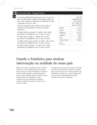 Matemática                                                                             Ensino Fundamental

        Desenvolvendo Competências
  14    A taxa de analfabetismo das pessoas com 15 anos ou                                          Taxa de
        mais de idade ainda é grande em algumas regiões do                                    analfabetismo
        país. Veja a tabela ao lado sobre as condições de vida                                  das pessoas
        e educação no ano de 1999.                                                            de 15 anos ou
        Um bom argumento para melhorar esse quadro é                                          mais de idade
        aumentar o investimento no ensino de jovens e                   Brasil                      13,3%
        adultos na:                                                     Norte                       11,6%
        a) região nordeste, porque é a região com o maior               Nordeste                    26,2%
        percentual de analfabetos com 15 anos ou mais.
                                                                        Sudeste                      7,8%
        b) região norte, porque é a região com o maior
                                                                        Sul                          7,8%
        percentual de analfabetos com 15 anos ou mais.
                                                                        Centro-Oeste                10,8%
        c) região centro-oeste, porque é a região com o maior
        percentual de analfabetos com 15 anos ou mais.                 Tabela 6
                                                                       www.ibge.gov.br
        d) região sudeste, porque é a região com o maior
        percentual de analfabetos com 15 anos ou mais.




       Usando a Estatística para analisar
       intervenções na realidade do nosso país
       Mesmo com todos os problemas sociais, o Brasil      O Brasil está numa situação favorável em relação
       está entre os cinco melhores países da América      ao Produto Interno Bruto, ocupando o segundo
       Latina e busca um papel de liderança na América     lugar, mas nosso país tem o maior percentual de
       do Sul. Estudos apontam o Brasil posicionado        analfabetos com mais de 15 anos de idade entre
       entre os cinco melhores países da América Latina,   os cinco países analisados (México, Brasil,
       considerando-se os indicadores sociais:             Colômiba, Venezuela e Argentina).
       expectativa de vida, população analfabeta,
       número de habitantes, produto interno bruto e
       renda per capita.




190
 