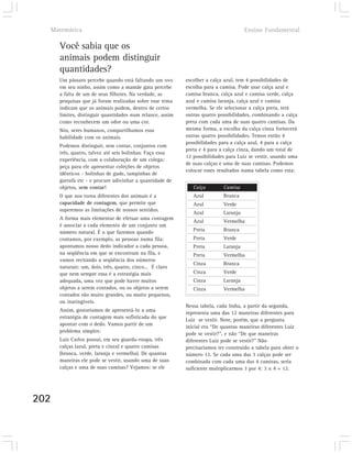 Matemática                                                                         Ensino Fundamental

      Você sabia que os
      animais podem distinguir
      quantidades?
      Um pássaro percebe quando está faltando um ovo       escolher a calça azul, tem 4 possibilidades de
      em seu ninho, assim como a mamãe gata percebe        escolha para a camisa. Pode usar calça azul e
      a falta de um de seus filhotes. Na verdade, as       camisa branca, calça azul e camisa verde, calça
      pesquisas que já foram realizadas sobre esse tema    azul e camisa laranja, calça azul e camisa
      indicam que os animais podem, dentro de certos       vermelha. Se ele selecionar a calça preta, terá
      limites, distinguir quantidades num relance, assim   outras quatro possibilidades, combinando a calça
      como reconhecem um odor ou uma cor.                  preta com cada uma de suas quatro camisas. Da
      Nós, seres humanos, compartilhamos essa              mesma forma, a escolha da calça cinza fornecerá
      habilidade com os animais.                           outras quatro possibilidades. Temos então 4
                                                           possibilidades para a calça azul, 4 para a calça
      Podemos distinguir, sem contar, conjuntos com
                                                           preta e 4 para a calça cinza, dando um total de
      três, quatro, talvez até seis bolinhas. Faça essa
                                                           12 possibilidades para Luiz se vestir, usando uma
      experiência, com a colaboração de um colega:
                                                           de suas calças e uma de suas camisas. Podemos
      peça para ele apresentar coleções de objetos
                                                           colocar esses resultados numa tabela como esta:
      idênticos - bolinhas de gude, tampinhas de
      garrafa etc - e procure adivinhar a quantidade de
      objetos, sem contar!                                    Calça        Camisa
      O que nos torna diferentes dos animais é a              Azul         Branca
      capacidade de contagem, que permite que                 Azul         Verde
      superemos as limitações de nossos sentidos.
                                                              Azul         Laranja
      A forma mais elementar de efetuar uma contagem
                                                              Azul         Vermelha
      é associar a cada elemento de um conjunto um
      número natural. É o que fazemos quando                  Preta        Branca
      contamos, por exemplo, as pessoas numa fila:            Preta        Verde
      apontamos nosso dedo indicador a cada pessoa,           Preta        Laranja
      na seqüência em que se encontram na fila, e             Preta        Vermelha
      vamos recitando a seqüência dos números
                                                              Cinza        Branca
      naturais: um, dois, três, quatro, cinco... É claro
      que nem sempre essa é a estratégia mais                 Cinza        Verde
      adequada, uma vez que pode haver muitos                 Cinza        Laranja
      objetos a serem contados, ou os objetos a serem         Cinza        Vermelha
      contados são muito grandes, ou muito pequenos,
      ou inatingíveis.
                                                           Nessa tabela, cada linha, a partir da segunda,
      Assim, gostaríamos de apresentá-lo a uma
                                                           representa uma das 12 maneiras diferentes para
      estratégia de contagem mais sofisticada do que
                                                           Luiz se vestir. Note, porém, que a pergunta
      apontar com o dedo. Vamos partir de um
                                                           inicial era “De quantas maneiras diferentes Luiz
      problema simples:
                                                           pode se vestir?”, e não “De que maneiras
      Luiz Carlos possui, em seu guarda-roupa, três        diferentes Luiz pode se vestir?” Não
      calças (azul, preta e cinza) e quatro camisas        precisaríamos ter construído a tabela para obter o
      (branca, verde, laranja e vermelha). De quantas      número 12. Se cada uma das 3 calças pode ser
      maneiras ele pode se vestir, usando uma de suas      combinada com cada uma das 4 camisas, seria
      calças e uma de suas camisas? Vejamos: se ele        suficiente multiplicarmos 3 por 4: 3 x 4 = 12.




202
 