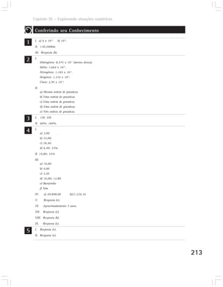 Capítulo IX – Explorando situações numéricas

     Conferindo seu Conhecimento

1    I. a) 6 x 1012         b) 1014.
     II. 130.200km.
     III. Resposta (b).

2    I.
            Hidrogênio: 8,375 x 10-5 (menos denso).
            Hélio: 1,664 x 10-4.
            Nitrogênio: 1,165 x 10-3.
            Oxigênio: 1,332 x 10-3.
            Cloro: 2,95 x 10-3.
     II.
            a) Mesma ordem de grandeza
            b) Uma ordem de grandeza.
            c) Uma ordem de grandeza
            d) Uma ordem de grandeza.
            e) Três ordens de grandeza.

3    I.     1/8; 3/8.
     II. 60%; 160%.

4    I.
            a) 2,00         .
            b) 22,00.
            c) 26,40.
            d) 6,40; 32%.
     II. 19,80; 32%
     III.
            a) 16,00
            b) 4,00
            c) 3,20
            d) 16,00; 12,80
            e) Baratinho
            f) Sim
     IV.      a) 20.808,00             b)21.224,16
     V.        Resposta (c).
     VI.      Aproximadamente 7 anos.
     VII.     Resposta (c).
     VIII. Resposta (b).
     IX.      Resposta (c).

5    I.     Resposta (c).
     II. Resposta (c).




                                                      213
 
