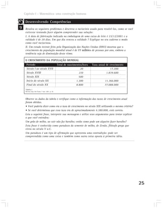Capítulo I – Matemática: uma construção humana

     Desenvolvendo Competências
9    Resolva os seguintes problemas e descreva o raciocínio usado para resolvê-los, como se você
     estivesse tentando fazer alguém compreender sua solução:
     I. A data de fabricação indicada na embalagem de uma caixa de leite é 23/12/2001 e a
     validade é de 20 dias. Em que dia venceu a validade ? Explique no seu caderno o modo
     como você raciocinou.
     II. Um estudo recente feito pela Organização das Nações Unidas (ONU) mostrou que o
     crescimento da população mundial atual é de 77 milhões de pessoas por ano, embora a
     tendência seja de diminuição desse ritmo.

     O CRESCIMENTO DA POPULAÇÃO MUNDIAL
      Período                                       Total de nascimentos/hora   Taxa anual de crescimento
      Século I ao século XVII                                          20                     17.200
      Século XVIII                                                    210                  1.839.600
      Século XIX                                                      500
      Início do século XX                                           1.300                 11.366.000
      Final do século XX                                            8.800                 77.088.000
     Tabela 1
     Revista Veja, São Paulo, 7 mar. 2001. p. 36.




     Observe os dados da tabela e verifique como a informação das taxas de crescimento atual
     foram obtidas.
     • Você poderia dizer como era a taxa de crescimento no século XIX utilizando o mesmo critério?
     • Se você determinou que essa taxa era de aproximadamente 4.380.000, está correto.
     Leia a seguinte frase, interprete sua mensagem e utilize seus argumentos para tentar explicar
     o que você entendeu:
     Um grão de milho, ao cair não faz barulho; então como pode um alqueire fazer barulho?
     Esta frase é conhecida como paradoxo da semente de milho, de Zenão, filósofo grego que
     viveu no século V a.C.
     Um paradoxo é um tipo de afirmação que apresenta uma contradição: pode ser
     compreendida como uma coisa e também como outra coisa oposta à primeira idéia.




                                                                                                            25
 