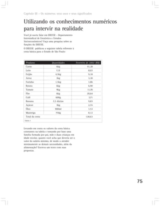 Capítulo III – Os números: seus usos e seus significados


Utilizando os conhecimentos numéricos
para intervir na realidade
Você já ouviu falar em DIEESE - Departamento
Intersindical de Estatística e Estudos
Sócioeconômicos? Faça uma pesquisa sobre as
funções do DIEESE.
O DIEESE publicou a seguinte tabela referente à
cesta básica para o Estado de São Paulo:



 Produtos                 Quantidades               Fevereiro de 2002 (R$)
 Carne                         6kg                            41,28
 Leite                         7,5l                            8,03
 Feijão                       4,5kg                            9,18
 Arroz                         3kg                             3,30
 Farinha                      1,5kg                            1,86
 Batata                        6kg                             6,90
 Tomate                        9kg                            11,70
 Pão                           6kg                            20,64
 Café                         600g                             3,71
 Banana                     7,5 dúzias                         9,83
 Açúcar                        3kg                             2,55
 Óleo                        900ml                             1,53
 Manteiga                     750g                             8,12
 Total da cesta                                              128,63
Tabela 3



Levando em conta os valores da cesta básica
constantes na tabela e tomando por base uma
família formada por pai, mãe e duas crianças em
idade escolar, quanto você acha que deveria ser o
valor do salário mínimo, de modo a atender
minimamente as demais necessidades, além da
alimentação? Escreva um texto com suas
propostas.




                                                                             75
 