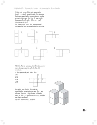 Capítulo IV – Geometria: leitura e representação da realidade

 V. Recorte numa folha seis quadrados
 iguais e, usando uma fita adesiva, una os
 lados dos quadrados, montando um molde
 de cubo. Faça um desenho de seu molde.
 Quantas planificações diferentes você
 conseguiu formar?
 VI. Identifique quais das planificações
 desenhadas abaixo são moldes de um cubo.


         A                     B                     C




         D                     E                     F




 VII. Na figura, temos a planificação de um
 cubo: Imagine que o cubo tenha sido
 montado.
 A face oposta à face D é a face:
 a) A
 b) B
 c) F
 d) E



 Os cubos são figuras fáceis de ser
 empilhadas, pois todas as suas faces são
 planas. Quantos cubos foram utilizados
 para se obter o empilhamento representado
 na figura ao lado?
 Se você respondeu 7, acertou.




                                                                89
 