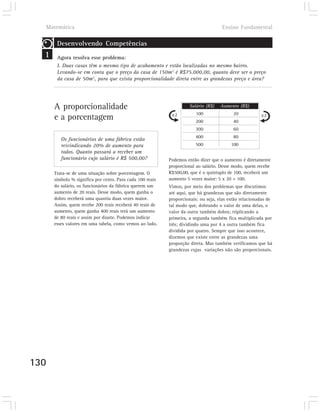Matemática                                                                        Ensino Fundamental

       Desenvolvendo Competências
  1    Agora resolva esse problema:
       I. Duas casas têm o mesmo tipo de acabamento e estão localizadas no mesmo bairro.
       Levando-se em conta que o preço da casa de 150m2 é R$75.000,00, quanto deve ser o preço
       da casa de 50m2, para que exista proporcionalidade direta entre as grandezas preço e área?




      A proporcionalidade                                           Salário (R$)   Aumento (R$)
                                                            x2          100               20
      e a porcentagem                                                  200                40
                                                                                                       x2

                                                                       300                60
                                                                       400                80
         Os funcionários de uma fábrica estão
         reivindicando 20% de aumento para                             500               100
         todos. Quanto passará a receber um
         funcionário cujo salário é R$ 500,00?             Podemos então dizer que o aumento é diretamente
                                                           proporcional ao salário. Desse modo, quem recebe
      Trata-se de uma situação sobre porcentagem. O        R$500,00, que é o quíntuplo de 100, receberá um
      símbolo % significa por cento. Para cada 100 reais   aumento 5 vezes maior: 5 x 20 = 100.
      do salário, os funcionários da fábrica querem um     Vimos, por meio dos problemas que discutimos
      aumento de 20 reais. Desse modo, quem ganha o        até aqui, que há grandezas que são diretamente
      dobro receberá uma quantia duas vezes maior.         proporcionais: ou seja, elas estão relacionadas de
      Assim, quem recebe 200 reais receberá 40 reais de    tal modo que, dobrando o valor de uma delas, o
      aumento, quem ganha 400 reais terá um aumento        valor da outra também dobra; triplicando a
      de 80 reais e assim por diante. Podemos indicar      primeira, a segunda também fica multiplicada por
      esses valores em uma tabela, como vemos ao lado.     três; dividindo uma por 4 a outra também fica
                                                           dividida por quatro. Sempre que isso acontece,
                                                           dizemos que existe entre as grandezas uma
                                                           proporção direta. Mas também verificamos que há
                                                           grandezas cujas variações não são proporcionais.




130
 