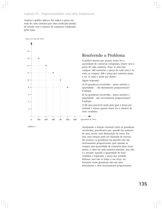 Capítulo VI – Proporcionalidade: uma idéia fundamental

Analise o gráfico abaixo. Ele indica o preço em
reais de cada camiseta que uma confecção produz
de acordo com o número de camisetas compradas
pelas lojas.


 (preço em reais por item)




  18

                                                            Resolvendo o Problema
  16
                                                            O gráfico mostra que quanto maior for a
                                                            quantidade de camisetas compradas, menor será o
  14
                                                            preço de cada camiseta. Veja: se uma loja
                                                            comprar 100 camisetas, o preço de cada uma é 16
  12                                                        reais, se comprar 200 o preço por camiseta passa
                                                            a ser 14 reais e assim por diante.
   10                                                       Agora responda:
                                                            a) As grandezas envolvidas - preço unitário e
    8                                                       quantidade - são diretamente proporcionais?
                                                            Explique.
    6                                                       b) As grandezas envolvidas - preço unitário e
                                                            quantidade - são inversamente proporcionais?
    4                                                       Explique.
                                                            c) Dê uma provável razão pela qual o preço por
    2                                                       unidade é menor quanto maior for o número de
                                                            itens vendidos.


        0       100          200   300   40   500   600   (quantidade de itens)



    Gráfico 3                                               Analisando a relação existente entre as grandezas
                                                            envolvidas, percebemos que, quando há aumento
                                                            de uma, ocorre uma diminuição da outra. Por
                                                            isso, essa relação pode ser chamada de inversa.
                                                            No entanto, as grandezas em questão não são
                                                            inversamente proporcionais, pois quando se
                                                            compra uma quantidade de camisetas duas vezes
                                                            maior, o valor da cada camiseta diminui, mas não
                                                            é a metade; quando a quantidade de ítens
                                                            vendidos é triplicada, o preço por unidade
                                                            diminui, mas não se reduz a um terço, etc.
                                                            Portanto, essas grandezas não são nem
                                                            diretamente e nem inversamente proporcionais.




                                                                                                                135
 