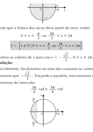 0
                            0          2π       x

                                1


 ote que a leitura dos arcos deve partir de zero, então:
                           π    2π
             0    x          ou             x       2π
                           3     3
            ⎧                       π    2π
       S    ⎨x   r 0       x          ou            x    2π ⎫
                                                            ⎬
            ⎩                       3     3                 ⎭
                                                2
Defina os valores de x para cos x                 ,0        x   2π.
                                                2
 olução:
nicialmente, localizamos no eixo dos cossenos os valore
                 2
menores que         . Traçando a paralela, encontramos o
                 2
 xtremos do intervalo:
                    3π rad e 5π rad
                     4         4
                            y
                      3π
                      4


                                       0
                            0          2π x


                      5π
                      4
 