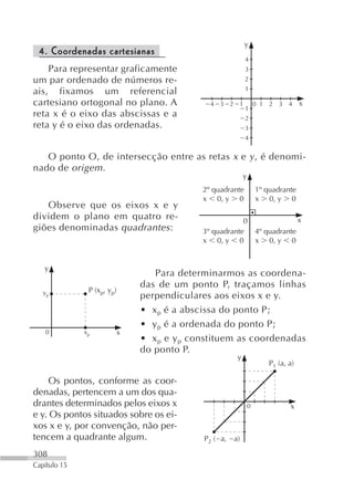 y
 4. Coordenadas cartesianas
                                                            4
    Para representar graficamente                           3
um par ordenado de números re-                              2
                                                            1
ais, fixamos um referencial
cartesiano ortogonal no plano. A               4 3 2 1             0 1 2 3 4       x
                                                            1
reta x é o eixo das abscissas e a                           2
reta y é o eixo das ordenadas.                              3
                                                            4


   O ponto O, de intersecção entre as retas x e y , é denomi-
nado de origem .
                                                           y
                                             2º quadrante          1º quadrante
                                             x 0, y 0              x 0, y 0
   Observe que os eixos x e y
dividem o plano em quatro re-                            0                         x
giões denominadas quadrantes :               3º quadrante          4º quadrante
                                             x 0, y 0              x 0, y 0


   y
                                   Para determinarmos as coordena-
                                das de um ponto P, traçamos linhas
   yp          P (xp, yp)
                                perpendiculares aos eixos x e y.
                                • x p é a abscissa do ponto P;
                                • y p é a ordenada do ponto P;
   0          xp            x
                                • x p e y p constituem as coordenadas
                                do ponto P.
                                                       y
                                                                       P1 (a, a)

     Os pontos, conforme as coor-
denadas, pertencem a um dos qua-
drantes determinados pelos eixos x                             0              x
e y. Os pontos situados sobre os ei-
xos x e y, por convenção, não per-
tencem a quadrante algum.                     P2 ( a, a)

308
Capítulo 15
 