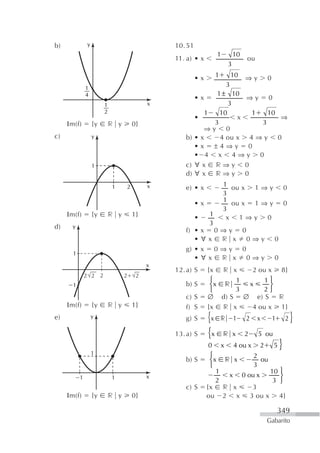 b)             y                                   10. 51
                                                                      1           10
                                                   11. a) • x                              ou
                                                                              3

                                                            •x        1           10   ⇒y           0
               1
                                                                              3
               4                                                1 ± 10
                                                            •x          ⇒y 0
                        1                      x                    3
                        2                                    1   10      1   10
                                                         •            x         ⇒
     Ιm(f)         {y       r y           0}                   3           3
                                                            ⇒y 0
c)                 y                                  b) • x     4 ou x 4 ⇒ y 0
                                                         •x ±4⇒y 0
                                                         • 4 x 4⇒y 0
                   1                                  c) ∀ x r ⇒ y 0
                                                      d) ∀ x r ⇒ y 0
                            1         2        x      e) • x              1 ou x 1 ⇒ y                          0
                                                                          3
                                                            •x            1 ou x 1 ⇒ y                          0
                                                                          3
     Ιm(f)         {y       r y           1}                •    1         x 1⇒y 0
                                                                 3
d)     y
                                                      f) •      x 0⇒          y        0
                                                         •      ∀x r              x        0⇒y          0
                                                      g) •      x 0⇒          y        0
       1
                                                         •      ∀x r              x        0⇒y          0
                                               x
                                                   12. a) S      {x r x   2 ou x 8}
               2 2 2              2        2
                                                                  ⎧    1      1⎫
       1                                              b) S        ⎨x r   x     ⎬
                                                                  ⎩    3     2⎭
                                                      c) S       ∅ d) S ∅ e) S r
     Ιm(f)         {y       r y           1}          f) S       {x r x   4 ou x 1}
e)                 y                                  g) S       {x       r       1    2        x       1       2   }
                                                   13. a) S      {x       r x          2        5 ou
                                                                  0 x 4 ou x 2 5                            }
                   1                                              ⎧         2
                                                      b) S        ⎨x r x       ou
                                                                  ⎩         3
                                                                    1             10 ⎫
           1                1                  x                      x 0 ou x       ⎬
                                                                    2              3 ⎭
                                                      c) S       {x r x     3
     Ιm(f)         {y       r y           0}                     ou 2 x 3 ou x 4}

                                                                                                            349
                                                                                                    Gabarito
 