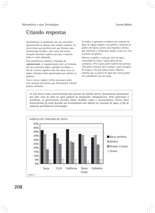Matemática e suas Tecnologias                                                             Ensino Médio


      Criando respostas
      Normalmente os problemas não são resolvidos         O Gráfico 4 apresenta os hábitos de consumo de
      apresentando-se apenas uma simples resposta. Às     água de alguns lugares. Este gráfico, chamado de
      vezes temos que justificar por que fizemos uma      gráfico de barras, possui uma legenda à direita,
      determinada escolha e não outra. Em outras          que relaciona a informação aliada a uma cor com
      situações devemos explicar por que a resposta       as barras do gráfico.
      dada é a mais adequada.                             Observe o gráfico e veja que 42% da água
      Essa justificativa também é chamada de              consumida na Suíça é gasta pelas bacias
      argumentação. A argumentação deve ser formada       sanitárias, 37% é gasta pelos banhos das pessoas,
      por um raciocínio lógico, apoiado em dados, a       18% pelas torneiras das cozinhas e para lavagem
      fim de concluir alguma coisa. No nosso caso, os     de roupas e 5% por outros meios. Observe
      dados coletados serão apresentados por tabelas ou   também que os gastos de água dos outros países
      gráficos.                                           são semelhantes aos da Suíça.
      Leia o texto a seguir e reflita um pouco sobre
      uma situação gravíssima que futuramente o Brasil
      poderá enfrentar:


         Se não houver uma conscientização das pessoas do mundo inteiro, futuramente passaremos
         por uma crise de falta de água potável de proporções inimagináveis. Para solucionar o
         problema, os governantes deverão tomar medidas como o racionamento. Países mais
         desenvolvidos já estão fazendo um levantamento dos hábitos de consumo de água, a fim de
         tomarem providências antecipadas.




         HÁBITOS DE CONSUMO DE ÀGUA




       Gráfico 4




208
 