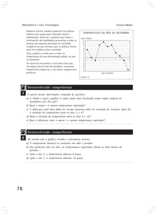 Matemática e suas Tecnologias                                                   Ensino Médio

     Números inteiros também aparecem em gráficos.
                                                            TEMPERATURA NO MÊS DE DEZEMBRO
     Gráficos são usados para transmitir dados e
     informações. Observar e analisar esses dados e            Celsius
     informações são habilidades necessárias a todas as
     pessoas que queiram participar da sociedade
     complexa em que vivemos, pois os gráficos fazem
     parte do cotidiano dessa sociedade.
     Veja o gráfico ao lado que se refere às
     temperaturas de uma determinada cidade, no mês
     de dezembro.
     Ao observar esse gráfico, você pode notar que,
     em alguns dias do mês de dezembro, ocorreram
     temperaturas negativas, e, em outros, temperaturas
     positivas.
                                                          Figura 10




      Desenvolvendo competências
 7    A partir dessas observações, responda às questões:
     a) A cidade a qual o gráfico se refere pode estar localizada numa região tropical no
        hemisfério sul? Por quê?
     b) Qual a maior e a menor temperatura registrada?
     c) A diferença entre dois dados de mesma natureza pode ser chamada de variação. Qual foi
        a variação da temperatura entre os dias 3 e 4?
     d) Qual a variação da temperatura entre os dias 6 e 10?
     e) Qual a diferença entre a maior e a menor temperatura registrada?



      Desenvolvendo competências
 8    De acordo com o gráfico, escolha a alternativa correta:
     a) A temperatura manteve-se constante em todo o período.
     b) Nos primeiros dias do mês, as temperaturas registradas foram as mais baixas do
        período.
     c) Após o dia 7, a temperatura abaixou 8 graus.
     d) Após o dia 7, a temperatura abaixou 16 graus.




76
 