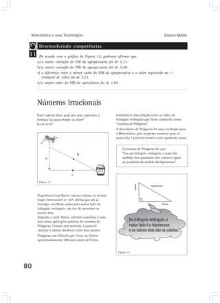 Matemática e suas Tecnologias                                                             Ensino Médio

       Desenvolvendo competências
 11    De acordo com o gráfico da Figura 12, podemos afirmar que:
      a) a maior variação do PIB da agropecuária foi de 3,23.
      b) a maior variação do PIB da agropecuária foi de 3,48.
      c) a diferença entre o menor valor do PIB da agropecuária e o valor registrado no 1º
         trimestre de 2002 foi de 3,23.
      d) o maior valor do PIB da agricultura foi de 1,85.




      Números irracionais
      Você saberia dizer qual dos dois caminhos a        estabeleceu uma relação entre os lados do
      formiga faz para chegar ao doce?                   triângulo retângulo que ficou conhecida como
      (a+c) ou b?                                        “teorema de Pitágoras”.
                                                         A descoberta de Pitágoras foi uma revelação para
                                                         a Matemática, pois surgiram números para os
                                                         quais não é possível extrair a raiz quadrada exata.


                                                             O teorema de Pitágoras diz que:
                                 b                           “Em um triângulo retângulo, a soma das
           a                                                 medidas dos quadrados dos catetos é igual
                                                             ao quadrado da medida da hipotenusa”.


                             c
       Figura 13




      O professor Luiz Barco, em sua coluna na revista
      Super Interessante nº 147, afirma que até as
      formigas escolhem andar pelo maior lado do
      triângulo retângulo, em vez de percorrer os
      outros dois.
      Segundo o prof. Barco, calcular caminhos é uma
      das várias aplicações práticas do teorema de
      Pitágoras. Usando este teorema, é possível
      calcular a menor distância entre dois pontos.
      Pitágoras, um filósofo que viveu na Grécia
      aproximadamente 500 anos antes de Cristo,


                                                          Figura 14




80
 