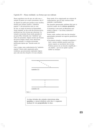 Capítulo IV — Nossa realidade e as formas que nos rodeiam

Nossa experiência nos diz que, em cada caso, a        Desse modo, foi-se organizando um conjunto de
solução (2) parece ser a mais conveniente, não é?     conhecimentos, que até hoje continua sendo
Se alguém nos pedir para justificar essas escolhas,   ampliado e aprofundado.
diremos que estamos usando a “sabedoria               Nas situações apresentadas, podemos dizer que os
popular” e não pensaremos mais no caso.               conceitos usados são de natureza geométrica.
De fato, ao longo da história da Humanidade,          A Geometria é uma parte da Matemática que
foram surgindo, no dia-a-dia dos diversos povos,      estuda as figuras ⎯ sua forma, elementos e
problemas que eles tiveram que solucionar. As         propriedades.
soluções encontradas foram sendo passadas de          Vamos, então, analisar cada uma das situações
pai para filho, formando essa “sabedoria” que         apresentadas, pensando nos aspectos geométricos
todos nós possuímos. Alguns escritos que ficaram      envolvidos.
dos povos antigos, muitas vezes, descrevem
                                                      • Na primeira situação, a intenção do pedestre é
alguma situação e a solução encontrada,
                                                        fazer o menor caminho possível, para ficar
justificando apenas que “fazendo assim, dá
                                                        menos exposto ao movimento dos veículos.
certo”.
                                                        Podemos pensar em um desenho simplificado —
Com o tempo, esses conhecimentos da “sabedoria          um modelo — que irá nos ajudar a pensar
popular” foram sendo organizados pelos                  melhor na situação:
estudiosos, que procuraram explicações lógicas
para cada uma das situações e de suas soluções.




                     Figura 3




                      As duas beiradas das calçadas representam retas
                      paralelas e a menor distância entre elas é o segmento
                      (pedaço) de reta perpendicular às duas.




                                                                                                         89
 