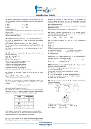 Lista de Exercícios - Conjuntos
Projeto Rumo ao ITA
www.rumoaoita.com
25 de Março de 2010
17) (FUVEST) Uma pesquisa de mercado sobre o consumo de três
marcas A, B e C de um determinado produto apresentou os seguintes
resultados:
A - 48% A e B - 18%
B - 45% B e C - 25%
C - 50% A e C - 15%
nenhuma das 3 - 5%
a) Qual é a porcentagem dos entrevistados que consomem as três
marcas A, B e C?
b) Qual é a porcentagem dos entrevistados que consomem uma e
apenas uma das três marcas?
18) (UFPR) Considere o conjunto S={1,2,-1,-2}. É correto afirmar que:
01) O total de subconjuntos de S é igual ao número de permutações
de quatro elementos.
02) O conjunto solução da equação (x2
-1)(x2
-4)=0 é igual a S.
04) O conjunto-solução da equação 2log10x=log103+log10[x-(2/3)] está
contido em S.
08) Todos os coeficientes de x no desenvolvimento de (x-1)4
pertencem a S.
19) (ITA) Sejam A e B subconjuntos não vazios de R, e considere as
seguintes afirmações:
(I) (A - B)x
∩ (B U Ax
)x
= ∅
(II) (A - Bx
)x
= B - Ax
(III) [(Ax
- B) ∩ (B - A)]x
= A
Sobre essas afirmações podemos garantir que:
a) apenas a afirmação (I) é verdadeira.
b) apenas a afirmação (II) é verdadeira.
c) apenas a afirmação (III) é verdadeira
d) todas as afirmações são verdadeiras.
e) apenas as afirmações (I) e (II) são verdadeiras.
20) Complete as sentenças a seguir, de forma a torná-las todas
verdadeiras:
a) {__,__,5,4} U {__,7,2, __} = {1,__,__,__,6,__}
b) {2,9,__} U {__,__,__,7} = {__,4,5,__,9,10,90}
21) Monte um conjunto A e um conjunto B, sabendo-se que A tem
apenas 2 elementos, que B em pelo menos 3 elementos e que A U B ⊂
H, sendo
H = {1, 3, 4, 8, 16, 24, 40}
22) (Universidade Federal do Paraná - 97)
Foi realizada uma pesquisa para avaliar o consumo de três produtos
designados por A, B, C. Todas as pessoas consultadas responderam à
pesquisa e os resultados estão indicados no quadro a seguir:
Observação: O consumidor de dois produtos está incluído também
como consumidor de cada um destes dois produtos. Com base nestes
dados, calcule o número total de pessoas consultadas.
23) (UFRJ) Uma amostra de 100 caixas de pílulas anticoncepcionais
fabricadas pela Nascebem S.A. foi enviada para a fiscalização sanitária.
No teste de qualidade, 60 foram aprovadas e 40 reprovadas, por
conterem pílulas de farinha. No teste de quantidade, 74 foram
aprovadas e 26 reprovadas, por conterem um número menor de
pílulas que o especificado.
O resultado dos dois testes mostrou que 14 caixas foram reprovadas
em ambos os testes.
Quantas caixas foram aprovadas em ambos os testes?
24) (UNIRIO) Considere três conjuntos A, B e C, tais que: n(A)=28,
n(B)=21, N(C)=20, n(A∩B)=8, n(B∩C)=9, n(A∩C)=4 e n(A∩B∩C)=3.
Assim sendo, o valor de n((AUB)∩C) é:
a) 3 b) 10 c) 20 d) 21 e) 24
25) (UFF) Dado o conjunto P = {{0}, 0, ∅, {∅}}, considere as
afirmativas:
(I) {0} ∈ P
(II) {0} ⊂ P
(III) ∅ ∈ P
Com relação a estas afirmativas conclui-se que:
a) Todas são verdadeiras. b) Apenas a I é verdadeira.
c) Apenas a II é verdadeira. d) Apenas a III é verdadeira.
e) Todas são falsas.
26) (UFES) Se A={-2,3,m,8,15} e B={3,5,n,10,13} são subconjuntos de Z
(números inteiros), e A∩B={3,8,10}, então
a) n - m ∈ A b) n + m ∈ B c) m - n ∈ A U B
d) mn ∈ B e) {m + n, mn} ⊂ A
27) (MACKENZIE) I) Se {5; 7} ⊂ A e A ⊂{5; 6; 7; 8}, então os possíveis
conjuntos A são em números de 4.
II) Supondo A e B conjuntos quaisquer, então sempre temos
(A ∩ ∅) U (B U ∅) = A U B.
III) A soma de dois números irracionais pode ser racional.
Das afirmações anteriores:
a) I, II e III são verdadeiras. b) apenas I e II são verdadeiras.
c) apenas III é verdadeira. d) apenas II e III são verdadeiras.
e) apenas I e III são verdadeiras.
28) (UFF) Os conjuntos não-vazios M, N e P estão, isoladamente,
representados abaixo.
Considere a seguinte figura que estes conjuntos formam.
A região hachurada pode ser representada por:
a) M U (N ∩ P) b) M - (N U P) c) M U (N - P)
d) N - (M U P) e) N U (P ∩ M)
 