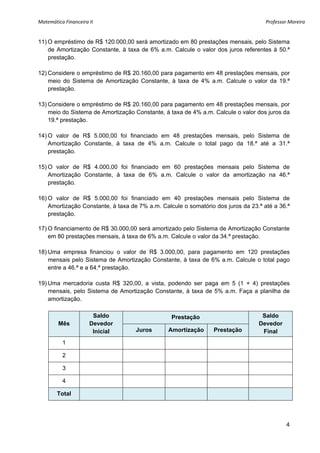 Matemática Financeira II                                                            Professor Moreira 


11) O empréstimo de R$ 120.000,00 será amortizado em 80 prestações mensais, pelo Sistema
    de Amortização Constante, à taxa de 6% a.m. Calcule o valor dos juros referentes à 50.ª
    prestação.

12) Considere o empréstimo de R$ 20.160,00 para pagamento em 48 prestações mensais, por
    meio do Sistema de Amortização Constante, à taxa de 4% a.m. Calcule o valor da 19.ª
    prestação.

13) Considere o empréstimo de R$ 20.160,00 para pagamento em 48 prestações mensais, por
    meio do Sistema de Amortização Constante, à taxa de 4% a.m. Calcule o valor dos juros da
    19.ª prestação.

14) O valor de R$ 5.000,00 foi financiado em 48 prestações mensais, pelo Sistema de
    Amortização Constante, à taxa de 4% a.m. Calcule o total pago da 18.ª até a 31.ª
    prestação.

15) O valor de R$ 4.000,00 foi financiado em 60 prestações mensais pelo Sistema de
    Amortização Constante, à taxa de 6% a.m. Calcule o valor da amortização na 46.ª
    prestação.

16) O valor de R$ 5.000,00 foi financiado em 40 prestações mensais pelo Sistema de
    Amortização Constante, à taxa de 7% a.m. Calcule o somatório dos juros da 23.ª até a 36.ª
    prestação.

17) O financiamento de R$ 30.000,00 será amortizado pelo Sistema de Amortização Constante
    em 80 prestações mensais, à taxa de 6% a.m. Calcule o valor da 34.ª prestação.

18) Uma empresa financiou o valor de R$ 3.000,00, para pagamento em 120 prestações
    mensais pelo Sistema de Amortização Constante, à taxa de 6% a.m. Calcule o total pago
    entre a 46.ª e a 64.ª prestação.

19) Uma mercadoria custa R$ 320,00, a vista, podendo ser paga em 5 (1 + 4) prestações
    mensais, pelo Sistema de Amortização Constante, à taxa de 5% a.m. Faça a planilha de
    amortização.

                       Saldo                     Prestação                        Saldo
         Mês          Devedor                                                    Devedor
                       Inicial      Juros       Amortização     Prestação         Final
          1

          2

          3

          4

        Total




                                                                                             4
 