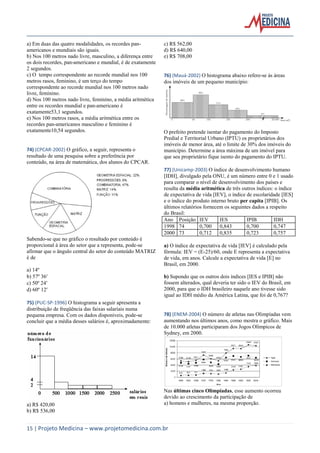 15 | Projeto Medicina – www.projetomedicina.com.br 
a) Em duas das quatro modalidades, os recordes pan-americanos 
e mundiais são iguais. 
b) Nos 100 metros nado livre, masculino, a diferença entre 
os dois recordes, pan-americano e mundial, é de exatamente 
2 segundos. 
c) O tempo correspondente ao recorde mundial nos 100 
metros rasos, feminino, é um terço do tempo 
correspondente ao recorde mundial nos 100 metros nado 
livre, feminino. 
d) Nos 100 metros nado livre, feminino, a média aritmética 
entre os recordes mundial e pan-americano é 
exatamente53,1 segundos. 
e) Nos 100 metros rasos, a média aritmética entre os 
recordes pan-americanos masculino e feminino é 
exatamente10,54 segundos. 
74) (CPCAR-2002) O gráfico, a seguir, representa o 
resultado de uma pesquisa sobre a preferência por 
conteúdo, na área de matemática, dos alunos do CPCAR. 
Sabendo-se que no gráfico o resultado por conteúdo é 
proporcional à área do setor que a representa, pode-se 
afirmar que o ângulo central do setor do conteúdo MATRIZ 
é de 
a) 14º 
b) 57º 36 
c) 50º 24 
d) 60º 12 
75) (PUC-SP-1996) O histograma a seguir apresenta a 
distribuição de freqüência das faixas salariais numa 
pequena empresa. Com os dados disponíveis, pode-se 
concluir que a média desses salários é, aproximadamente: 
a) R$ 420,00 
b) R$ 536,00 
c) R$ 562,00 
d) R$ 640,00 
e) R$ 708,00 
76) (Mauá-2002) O histograma abaixo refere-se às áreas 
dos imóveis de um pequeno município: 
O prefeito pretende isentar do pagamento do Imposto 
Predial e Territorial Urbano (IPTU) os proprietários dos 
imóveis de menor área, até o limite de 30% dos imóveis do 
município. Determine a área máxima de um imóvel para 
que seu proprietário fique isento do pagamento do IPTU. 
77) (Unicamp-2003) O índice de desenvolvimento humano 
[IDH], divulgado pela ONU, é um número entre 0 e 1 usado 
para comparar o nível de desenvolvimento dos países e 
resulta da média aritmética de três outros índices: o índice 
de expectativa de vida [IEV], o índice de escolaridade [IES] 
e o índice do produto interno bruto per capita [IPIB]. Os 
últimos relatórios fornecem os seguintes dados a respeito 
do Brasil: 
Ano Posição IEV IES IPIB IDH 
1998 74 0,700 0,843 0,700 0,747 
2000 73 0,712 0,835 0,723 0,757 
a) O índice de expectativa de vida [IEV] é calculado pela 
fórmula: IEV = (E-25)/60, onde E representa a expectativa 
de vida, em anos. Calcule a expectativa de vida [E] no 
Brasil, em 2000. 
b) Supondo que os outros dois índices [IES e IPIB] não 
fossem alterados, qual deveria ter sido o IEV do Brasil, em 
2000, para que o IDH brasileiro naquele ano tivesse sido 
igual ao IDH médio da América Latina, que foi de 0,767? 
78) (ENEM-2004) O número de atletas nas Olimpíadas vem 
aumentando nos últimos anos, como mostra o gráfico. Mais 
de 10.000 atletas participaram dos Jogos Olímpicos de 
Sydney, em 2000. 
Nas últimas cinco Olimpíadas, esse aumento ocorreu 
devido ao crescimento da participação de 
a) homens e mulheres, na mesma proporção. 
 