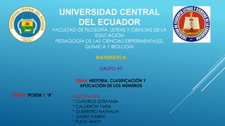 UNIVERSIDAD CENTRAL
DEL ECUADOR
FACULTAD DE FILOSOFÍA, LETRAS Y CIENCIAS DE LA
EDUCACIÓN
PEDAGOGÍA DE LAS CIENCIAS EXPERIMENTALES,
QUÍMICA Y BIOLOGÍA
MATEMÁTICA
GRUPO #7
TEMA: HISTORIA, CLASIFICACIÓN Y
APLICACIÓN DE LOS NÚMEROS
CURSO: PCEQB 1 “B” INTEGRANTES:
* CUADROS ESTEFANIA
* CALDERÓN YARA
* GUERRERO NATHALIA
* JUMBO KAREN
* PUGA ANDY
 