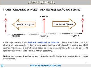 JUROS SIMPLES
JUROS SIMPLES
TRANSPORTANDO O INVESTIMENTO/PRESTAÇÃO NO TEMPO
X

Y

CAPITAL
Y =CAPITAL / (1- IT)

X=CAPITAL x (1- IT)

TEMPO 0

TEMPO 1

TEMPO 2

Caso haja referência ao desconto comercial na questão o investimento ou prestação
deverá ser transpotado no tempo pela regra inversa: multiplicando o capital por (1-it)
quando movimentar o capital para a esquerda (tempo anterior) edividir o capital por (1- it)
quando movimentar para a diretia (tempo posterior).
Notem que estamos trabalhando com Juros simples. Se forem juros compostos as regras
serão outras.,
10

WWW.SUPERPROVAS.COM

 